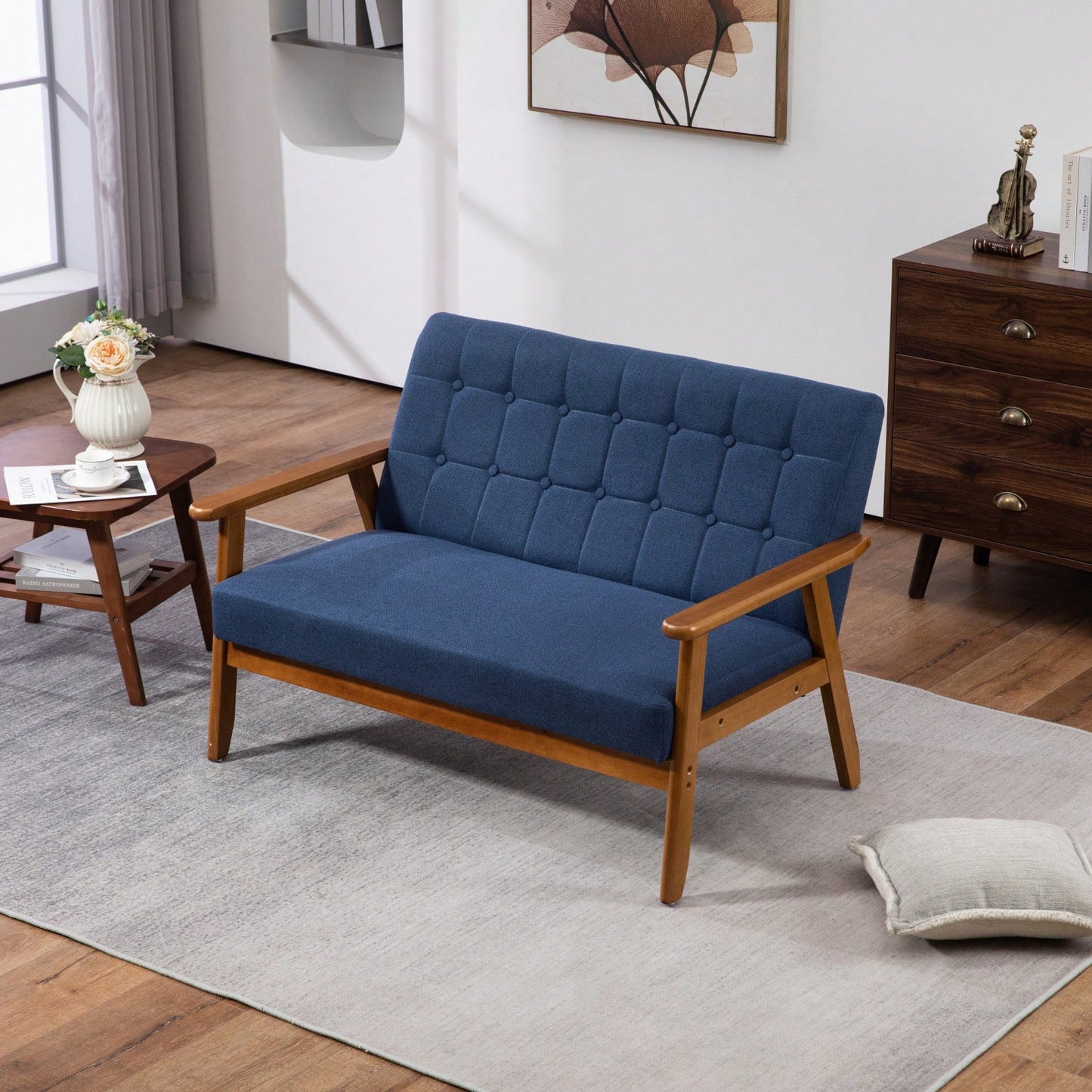 2-Seat Wood Armchair Living Room/Outdoor Lounge Chair Pu Leather Upholstered Loveseat Sofa