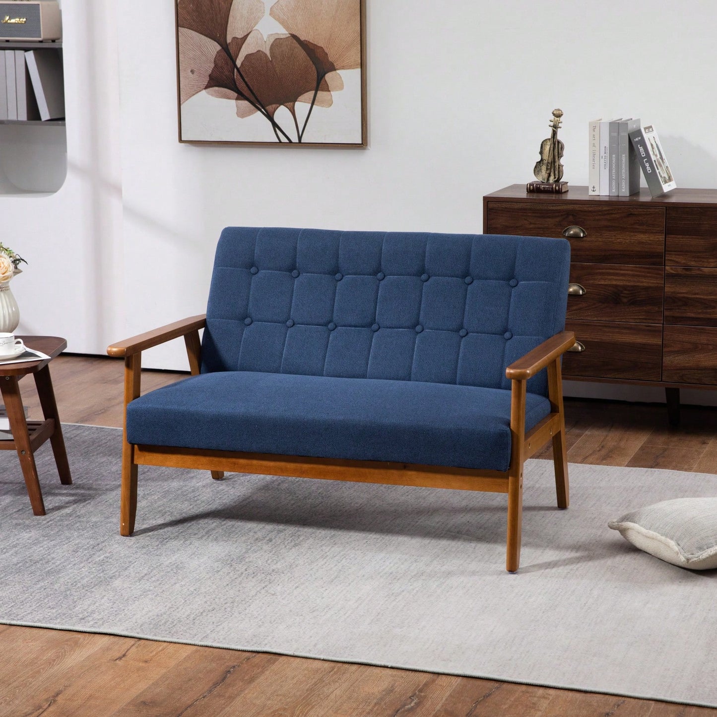 2-Seat Wood Armchair Living Room/Outdoor Lounge Chair Pu Leather Upholstered Loveseat Sofa