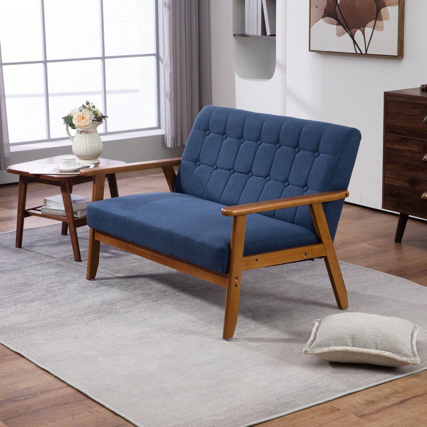 2-Seat Wood Armchair Living Room/Outdoor Lounge Chair Pu Leather Upholstered Loveseat Sofa