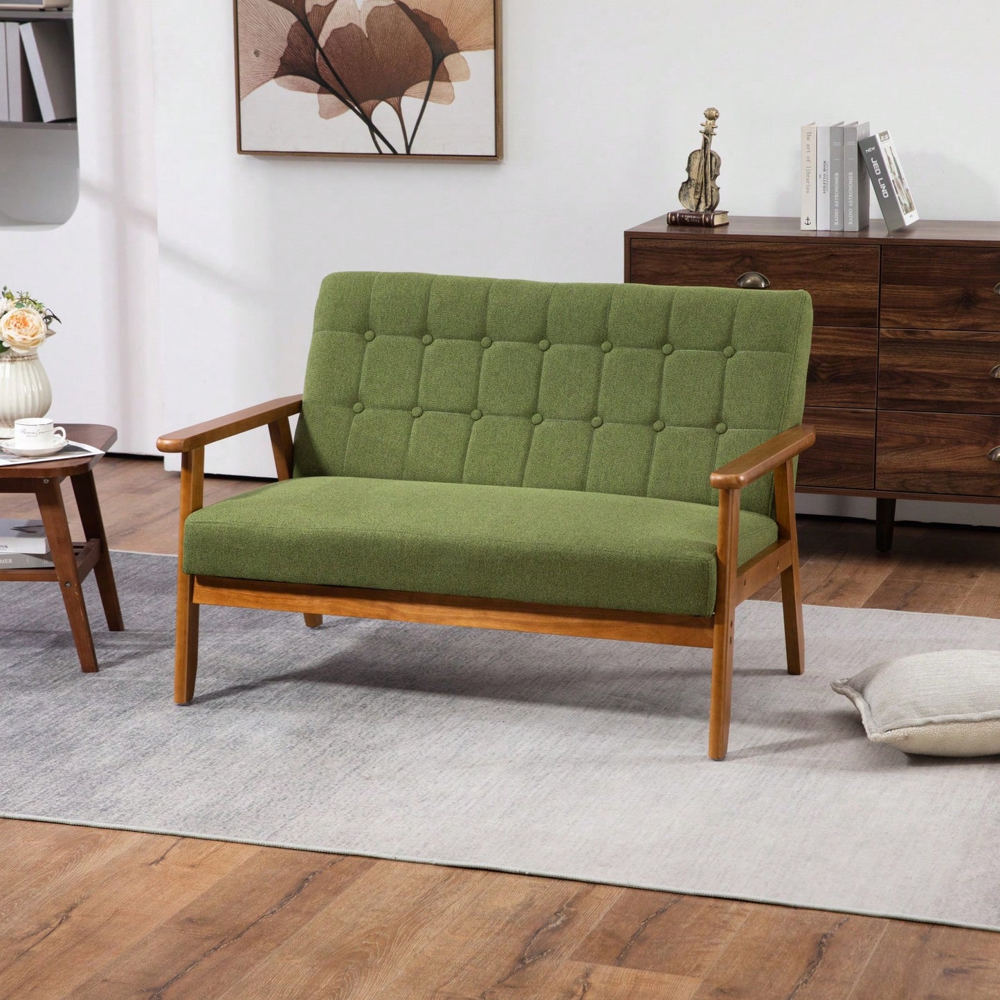 2-Seat Wood Armchair Living Room/Outdoor Lounge Chair Pu Leather Upholstered Loveseat Sofa