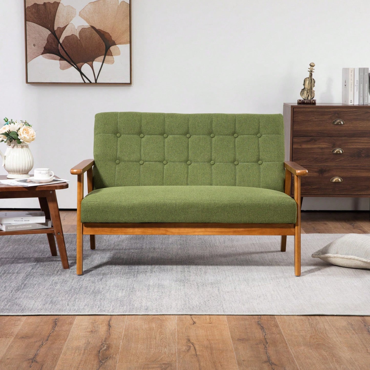 2-Seat Wood Armchair Living Room/Outdoor Lounge Chair Pu Leather Upholstered Loveseat Sofa