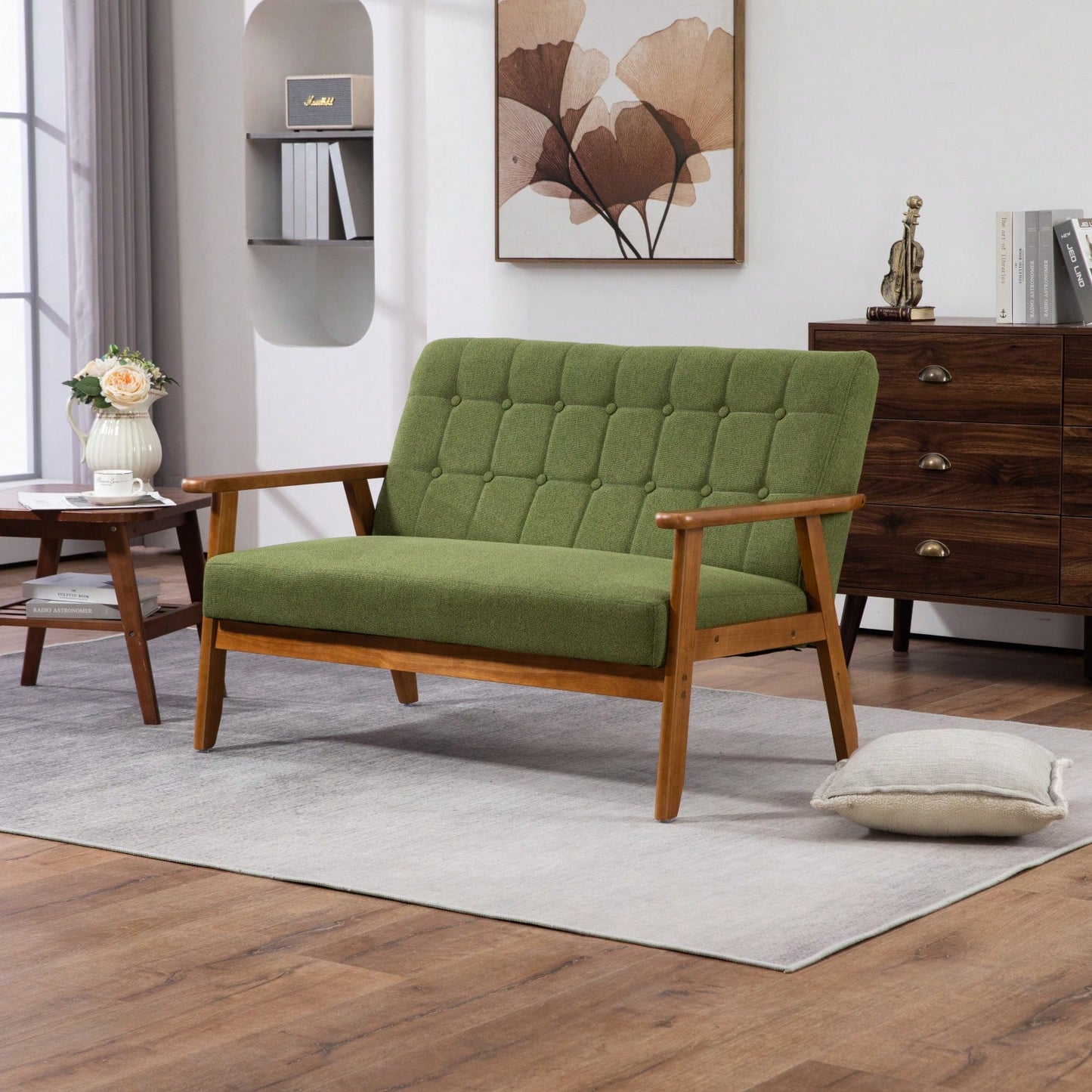 2-Seat Wood Armchair Living Room/Outdoor Lounge Chair Pu Leather Upholstered Loveseat Sofa
