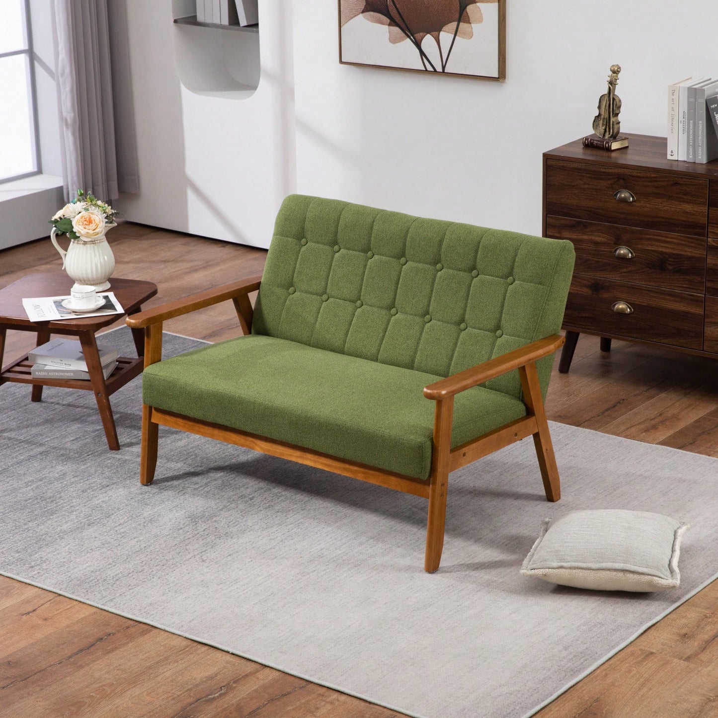 2-Seat Wood Armchair Living Room/Outdoor Lounge Chair Pu Leather Upholstered Loveseat Sofa