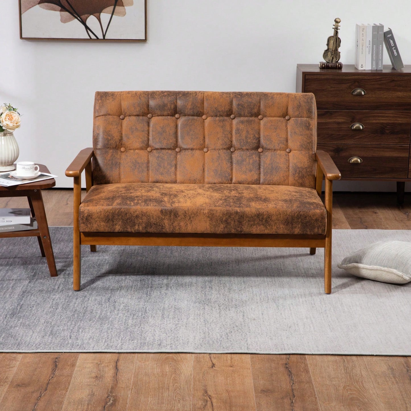 2-Seat Wood Armchair Living Room/Outdoor Lounge Chair Pu Leather Upholstered Loveseat Sofa