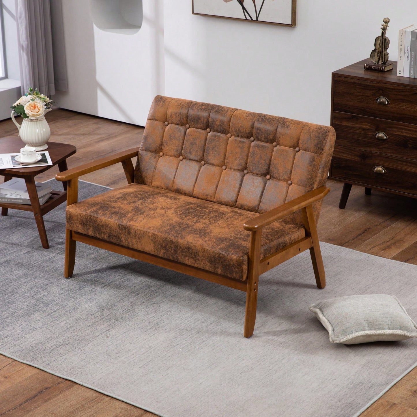 2-Seat Wood Armchair Living Room/Outdoor Lounge Chair Pu Leather Upholstered Loveseat Sofa