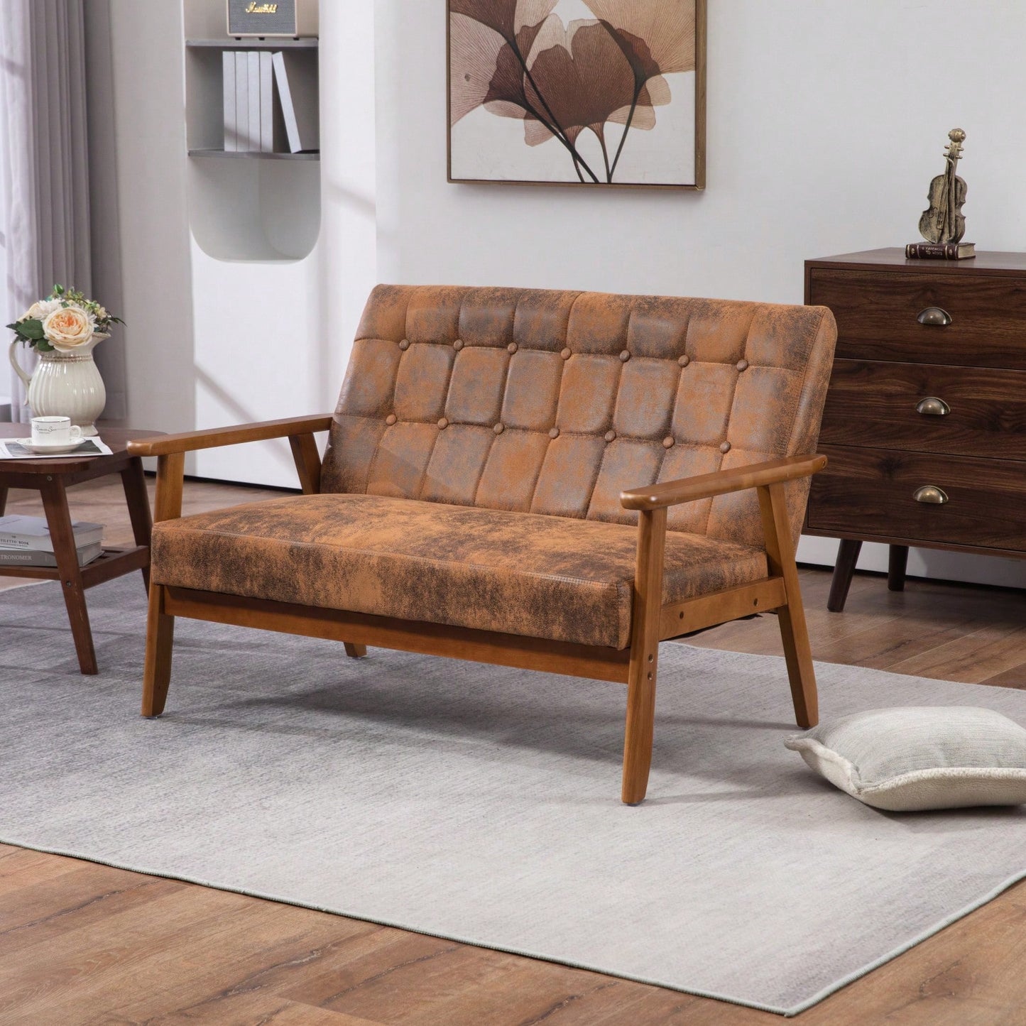 2-Seat Wood Armchair Living Room/Outdoor Lounge Chair Pu Leather Upholstered Loveseat Sofa