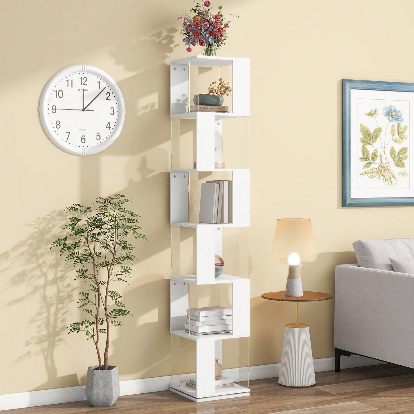 6-Tier Rotating Bookshelf with Acrylic Shelves Stylish Wood Design Space Saving Multi-Function Display Rack for Home Office and Living Room