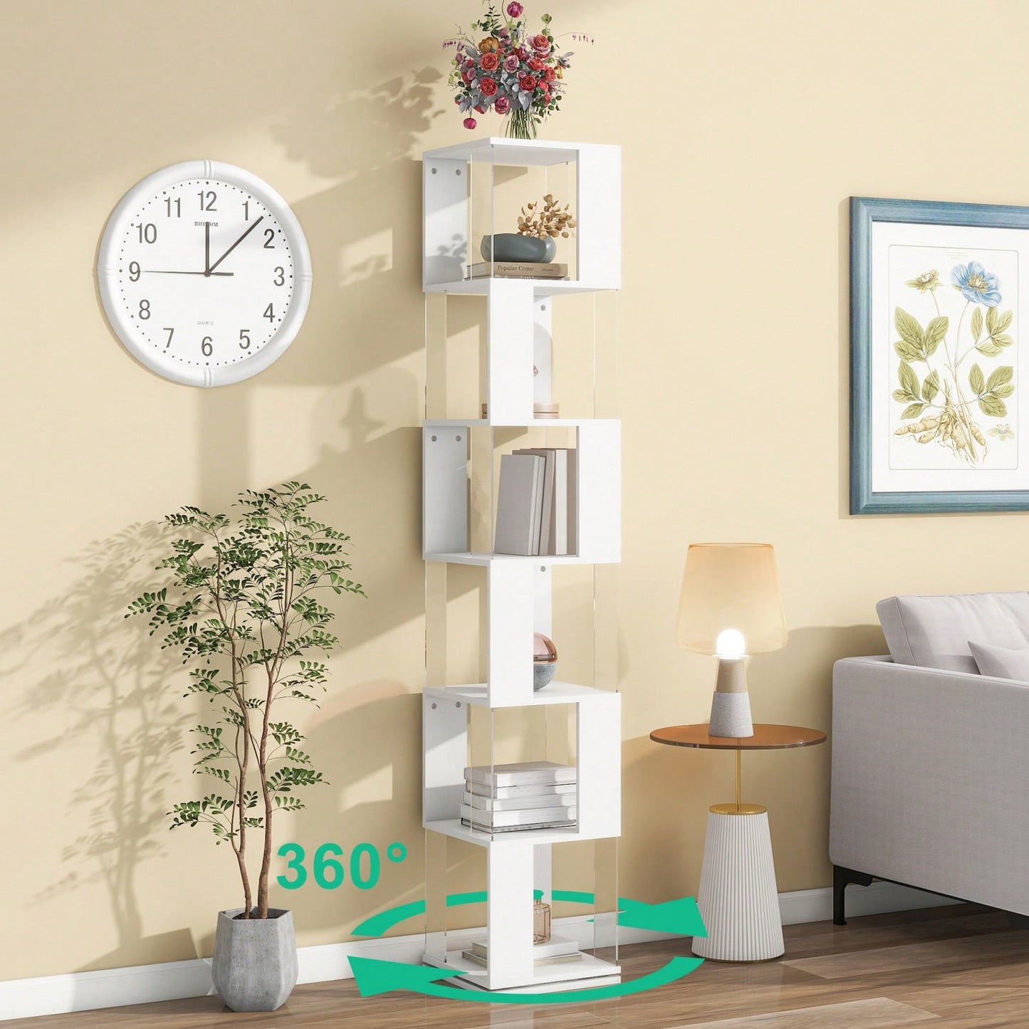6-Tier Rotating Bookshelf with Acrylic Shelves Stylish Wood Design Space Saving Multi-Function Display Rack for Home Office and Living Room