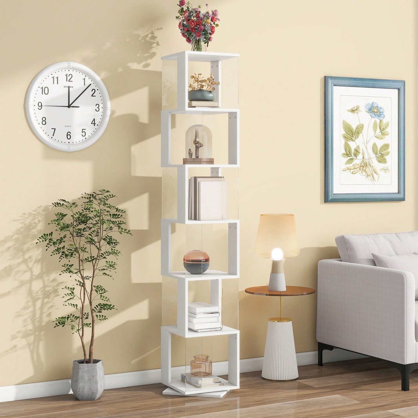 6-Tier Rotating Bookshelf with Acrylic Shelves Stylish Wood Design Space Saving Multi-Function Display Rack for Home Office and Living Room