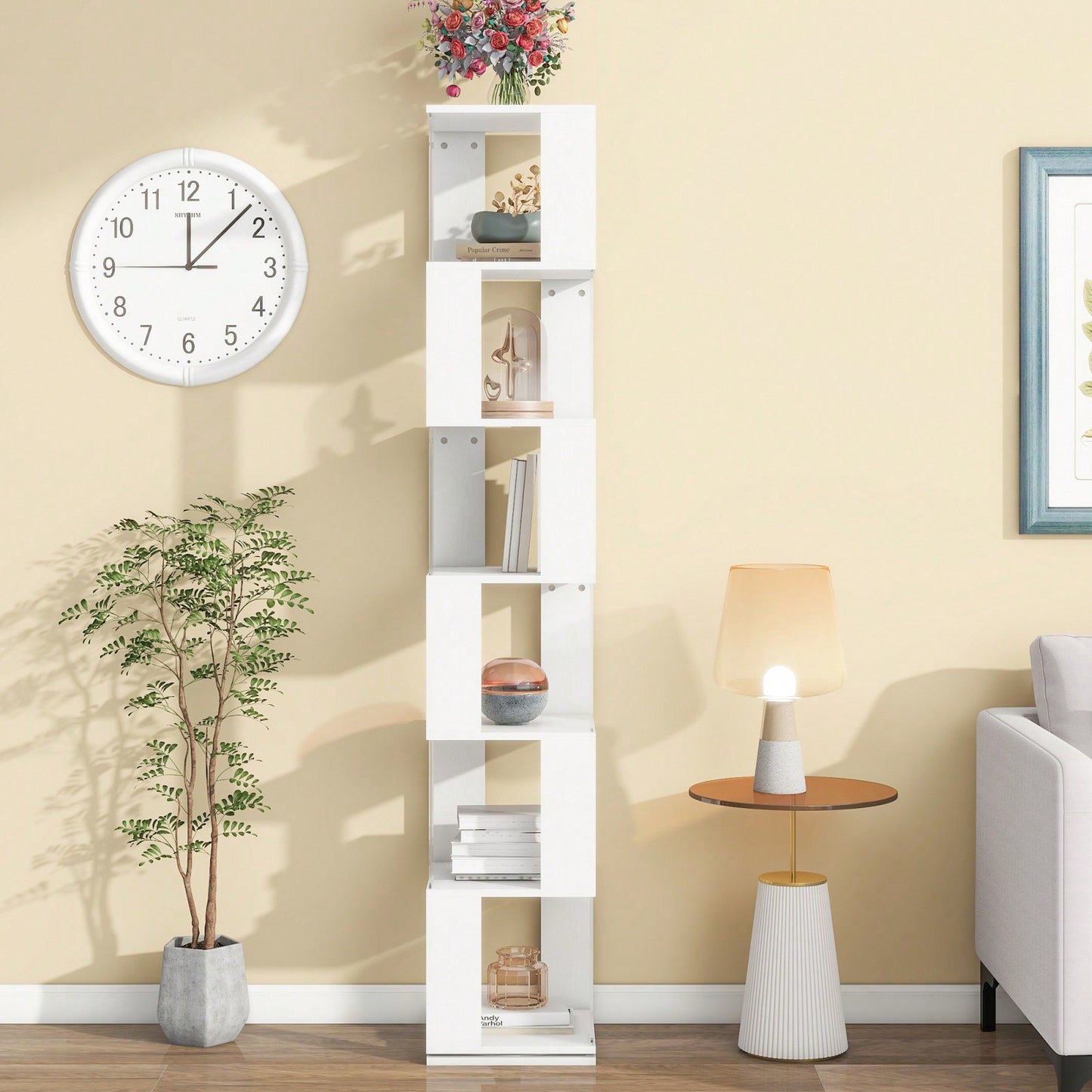 6-Tier Rotating Bookshelf with Acrylic Shelves Stylish Wood Design Space Saving Multi-Function Display Rack for Home Office and Living Room