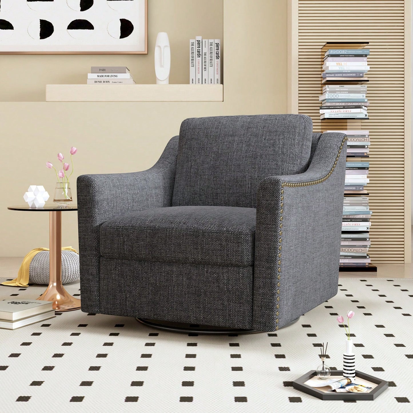 Ergonomic 360° Swivel Accent Chair Soft Cotton Linen Upholstered Armchair for Living Room Bedroom Office