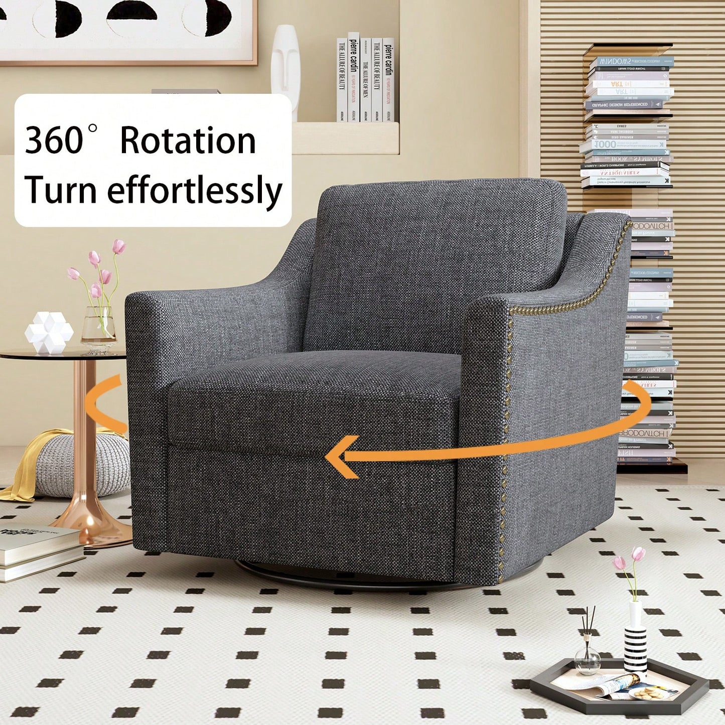 Ergonomic 360° Swivel Accent Chair Soft Cotton Linen Upholstered Armchair for Living Room Bedroom Office