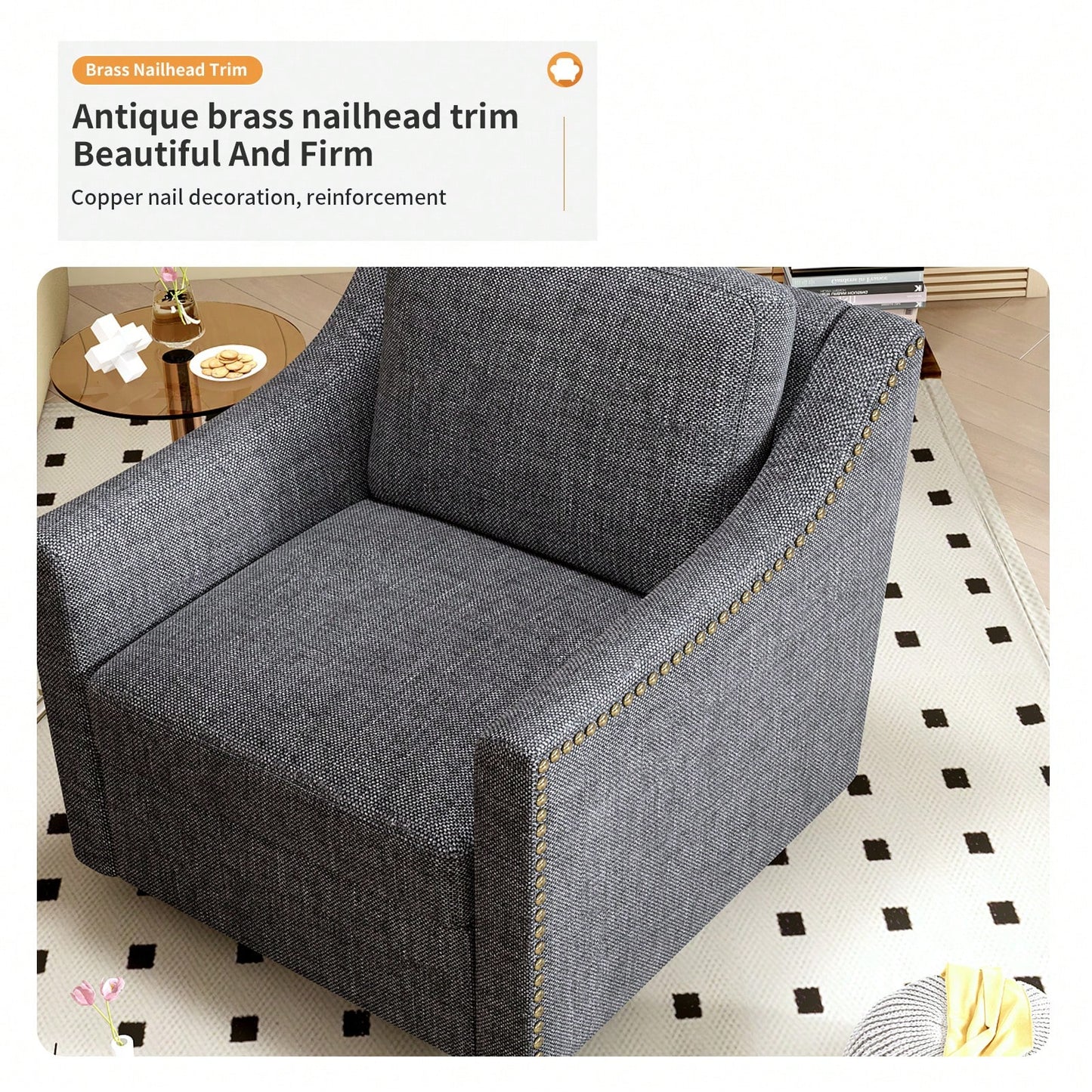 Ergonomic 360° Swivel Accent Chair Soft Cotton Linen Upholstered Armchair for Living Room Bedroom Office