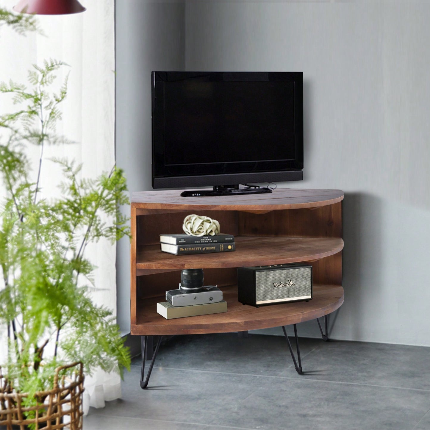 Rustic Corner Media Stand Fan Shaped TV Console Table Reclaimed Wood Finish Space Saving Entertainment Center for Living Room