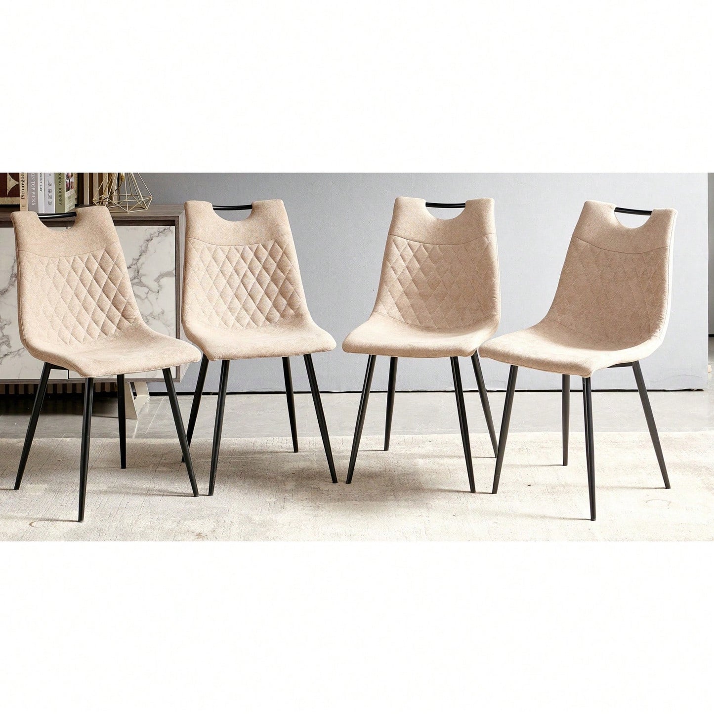 Elegant Set of 4 Modern Dining Chairs with Comfortable Upholstered Seats and Durable Metal Frames for Home Use Beige and Black Design