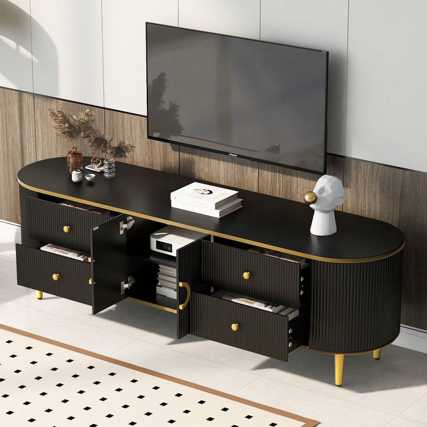 Sleek Modern Curved TV Stand for Up to 80 Inch TVs with Gold Accents and Ample Storage for Living Room