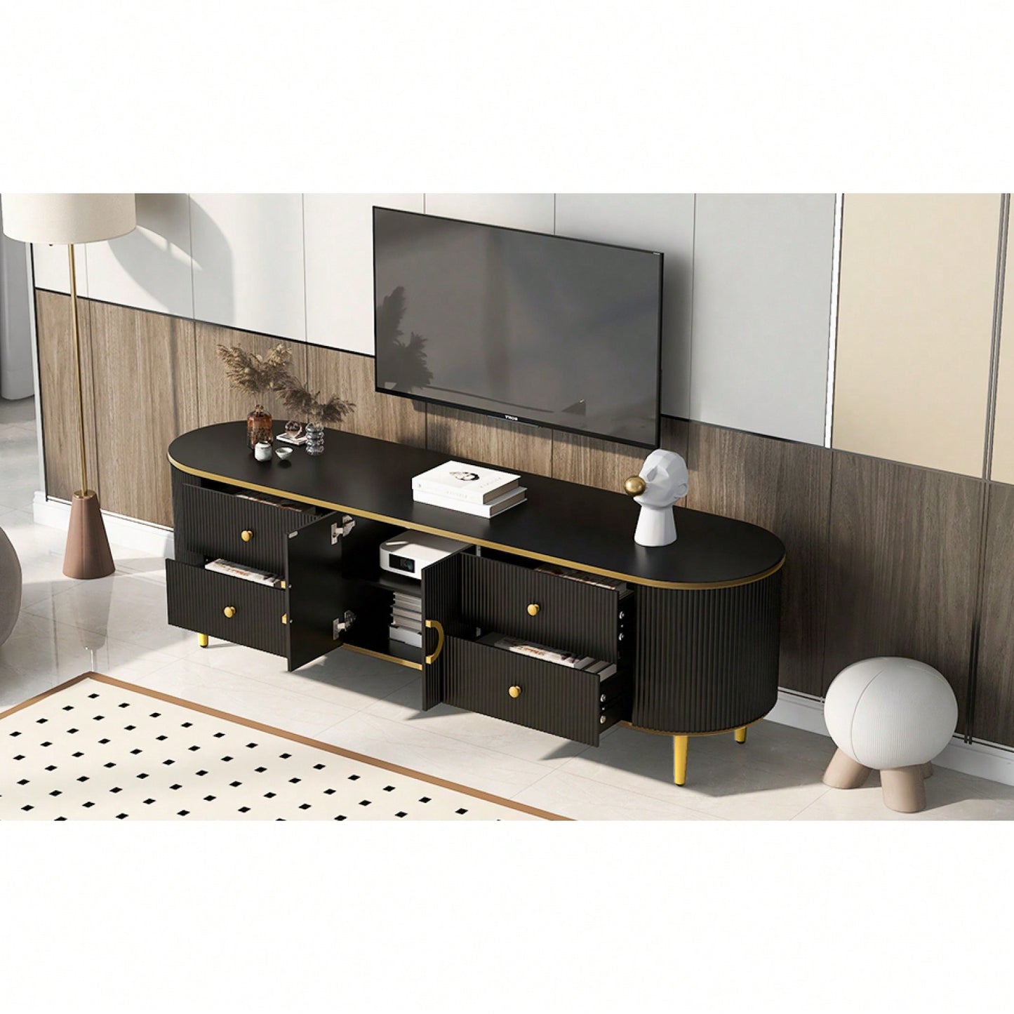 Sleek Modern Curved TV Stand for Up to 80 Inch TVs with Gold Accents and Ample Storage for Living Room
