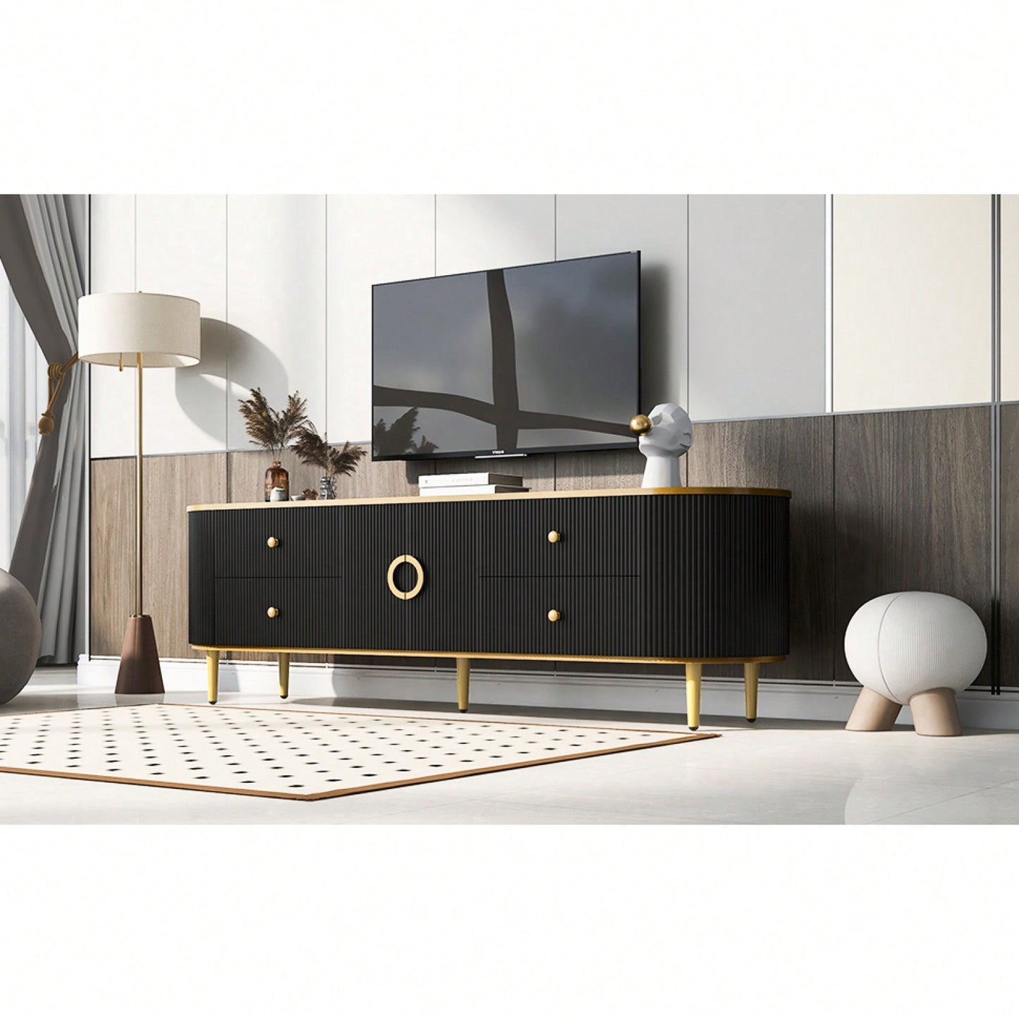Sleek Modern Curved TV Stand for Up to 80 Inch TVs with Gold Accents and Ample Storage for Living Room