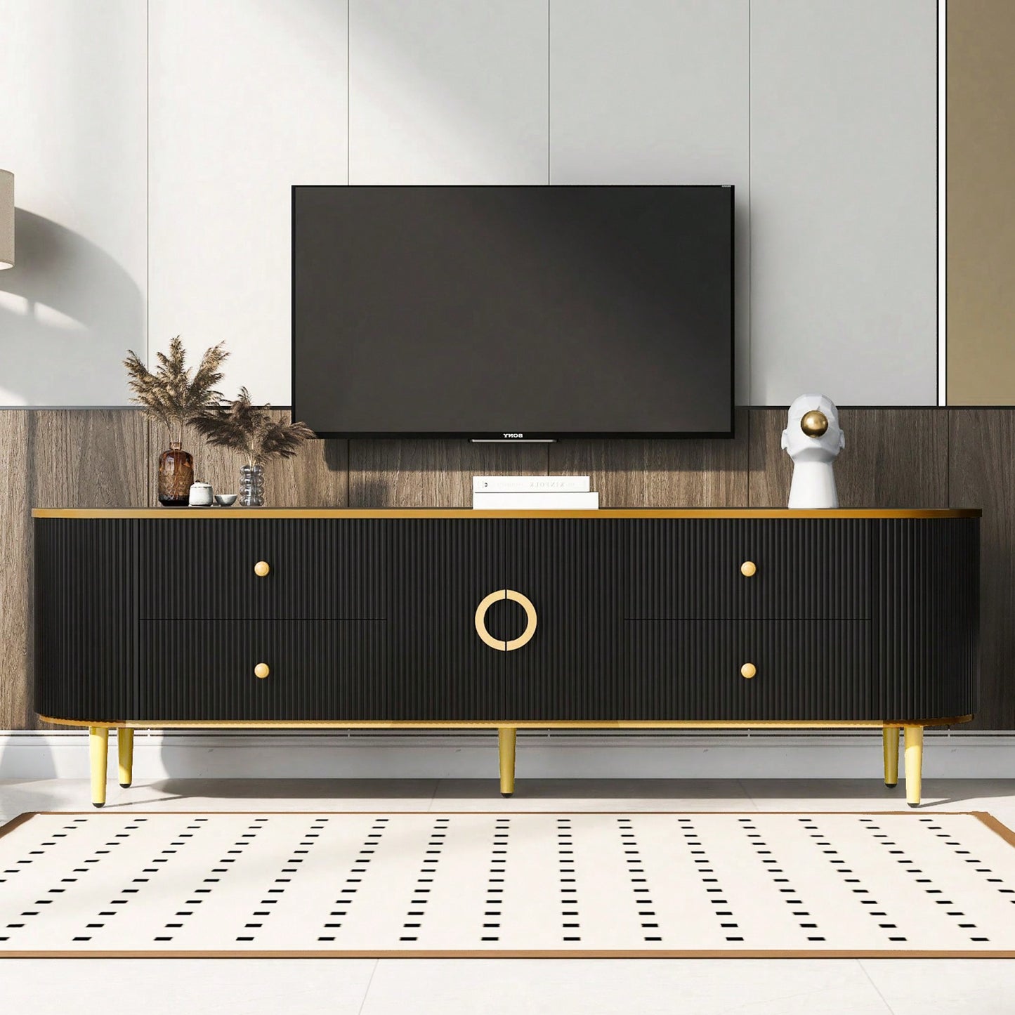 Sleek Modern Curved TV Stand for Up to 80 Inch TVs with Gold Accents and Ample Storage for Living Room