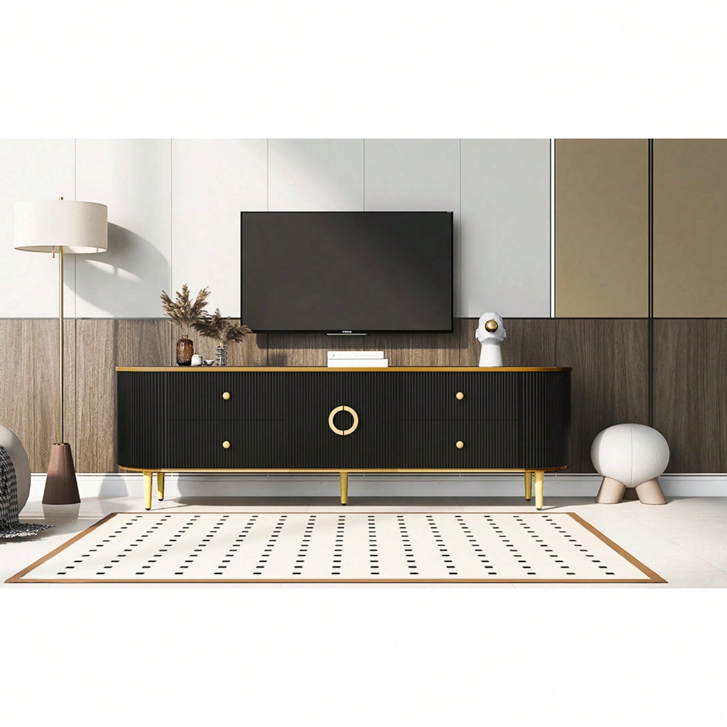 Sleek Modern Curved TV Stand for Up to 80 Inch TVs with Gold Accents and Ample Storage for Living Room
