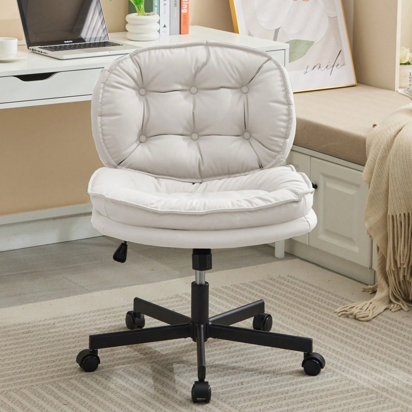 Ergonomic Cross Legged Office Chair with Wheels Adjustable Height Comfortable PU Leather Seat for Home and Office