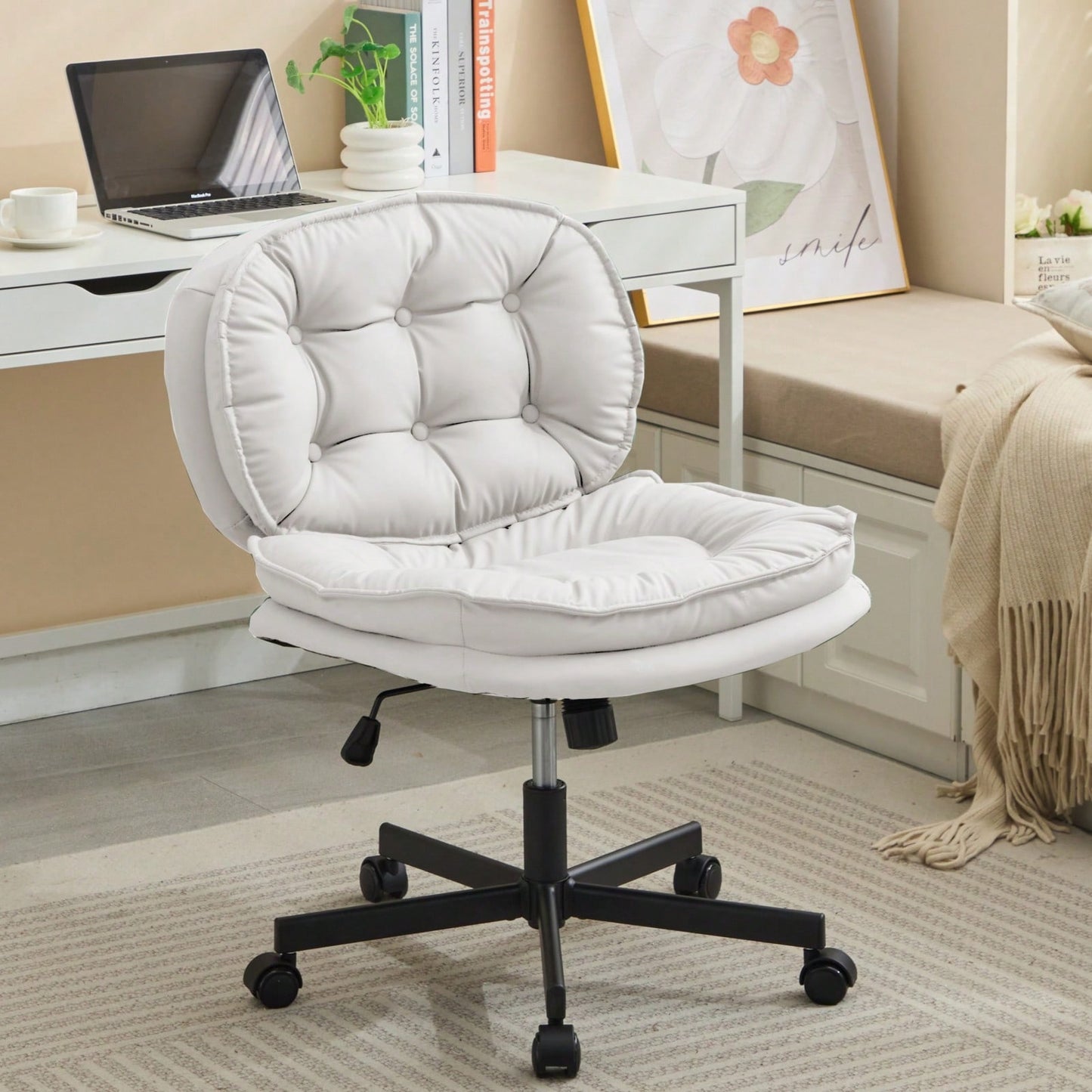 Ergonomic Cross Legged Office Chair with Wheels Adjustable Height Comfortable PU Leather Seat for Home and Office