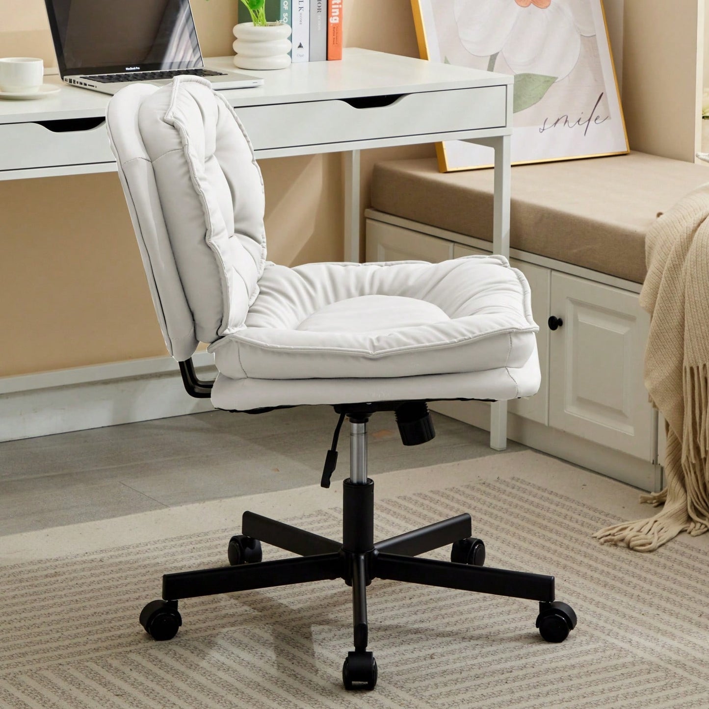 Ergonomic Cross Legged Office Chair with Wheels Adjustable Height Comfortable PU Leather Seat for Home and Office