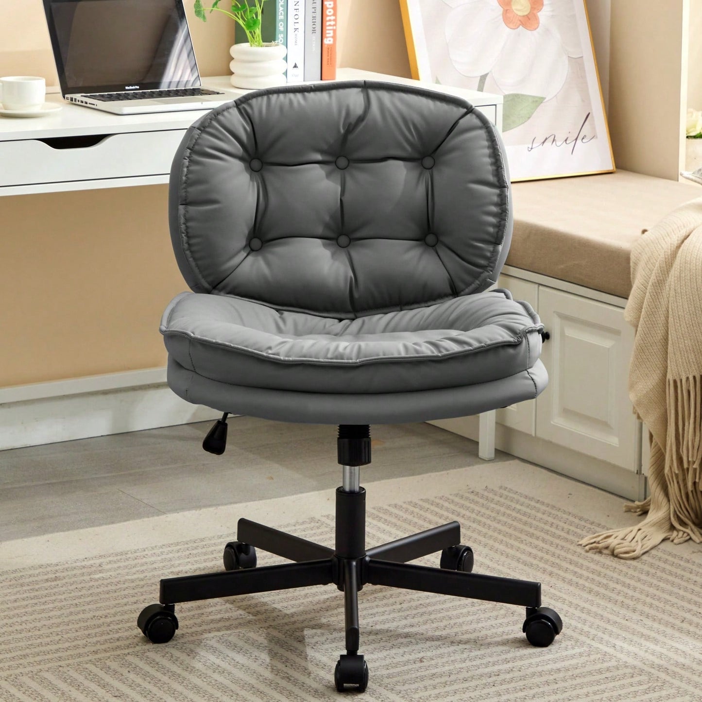 Ergonomic Cross Legged Office Chair with Wheels Adjustable Height Comfortable PU Leather Seat for Home and Office