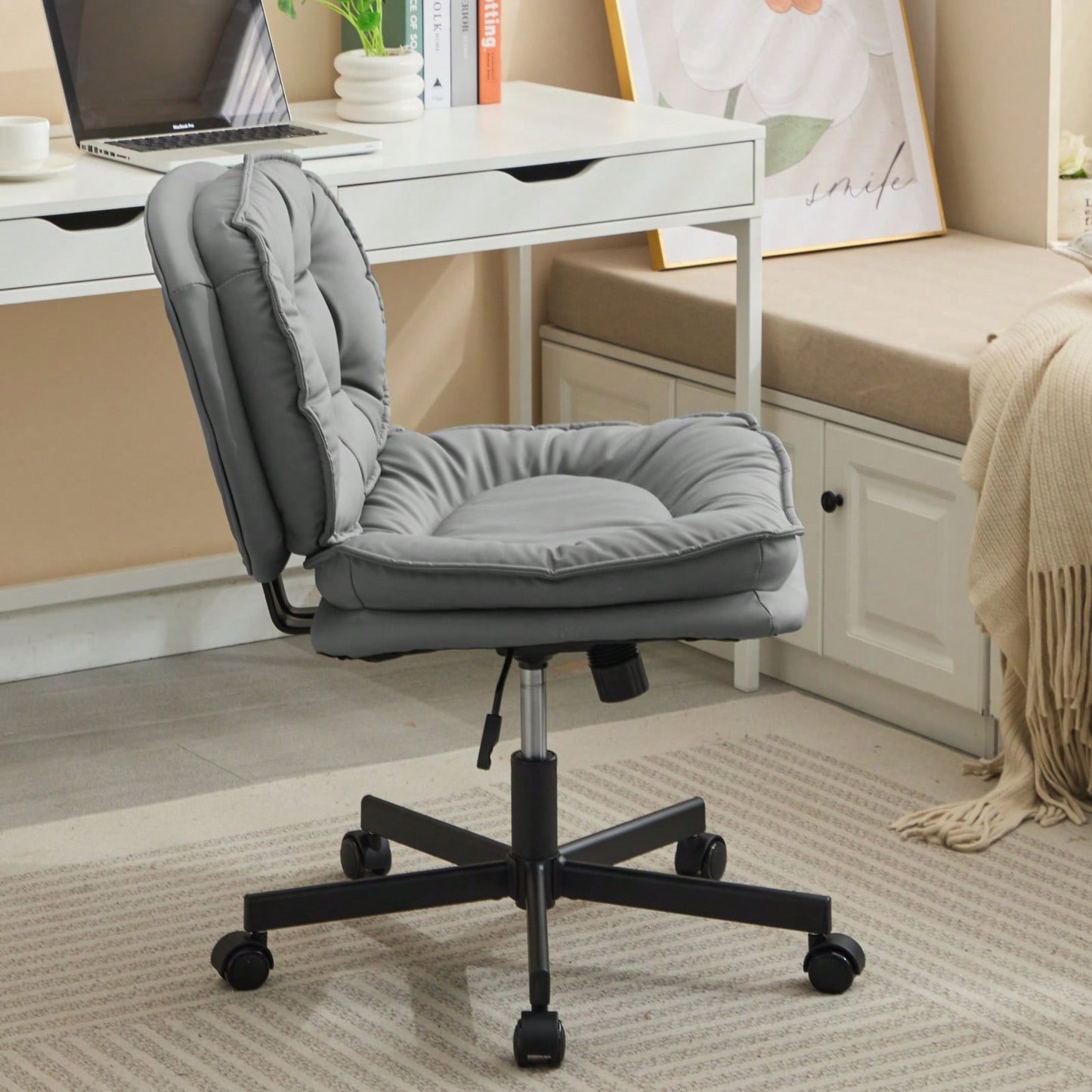 Ergonomic Cross Legged Office Chair with Wheels Adjustable Height Comfortable PU Leather Seat for Home and Office