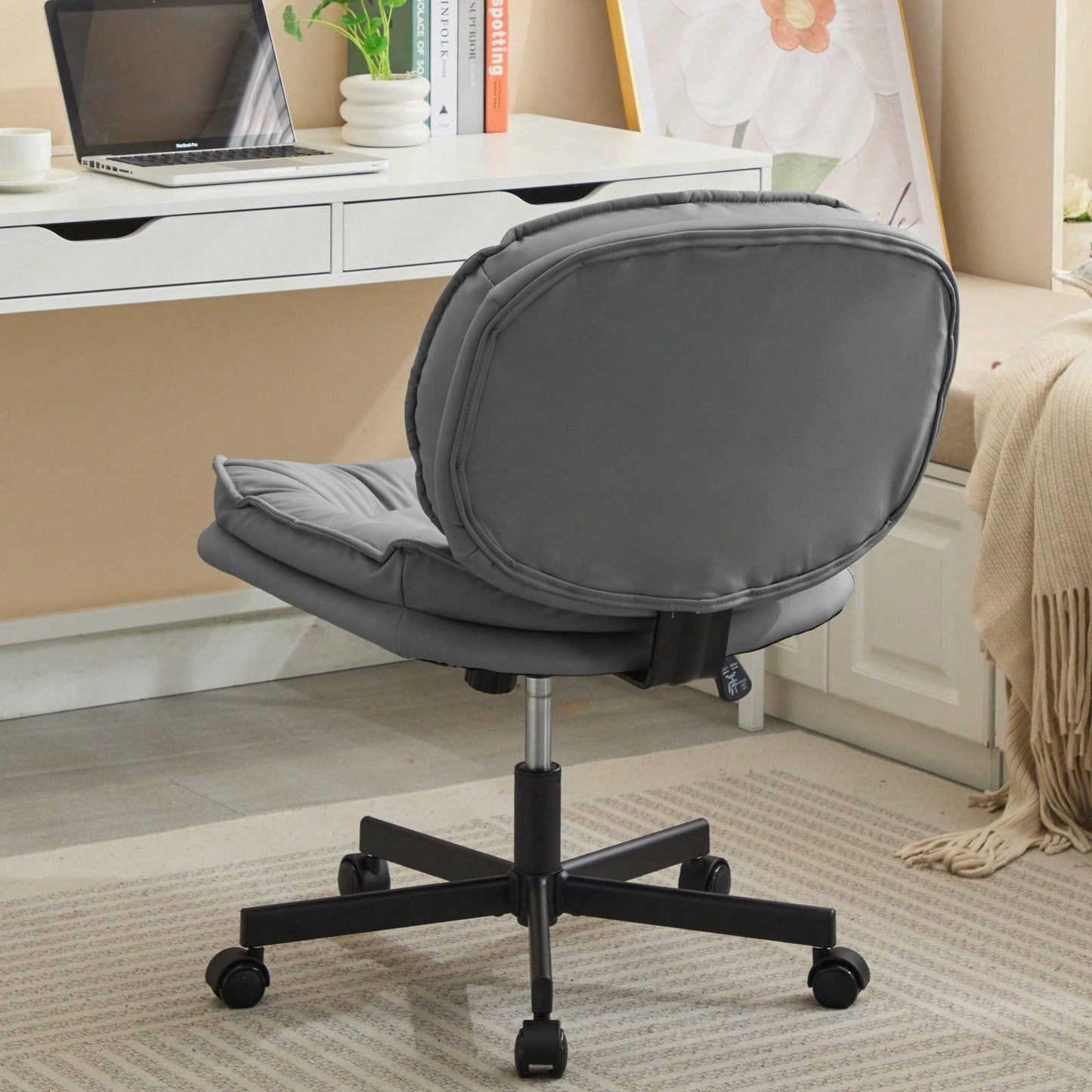Ergonomic Cross Legged Office Chair with Wheels Adjustable Height Comfortable PU Leather Seat for Home and Office