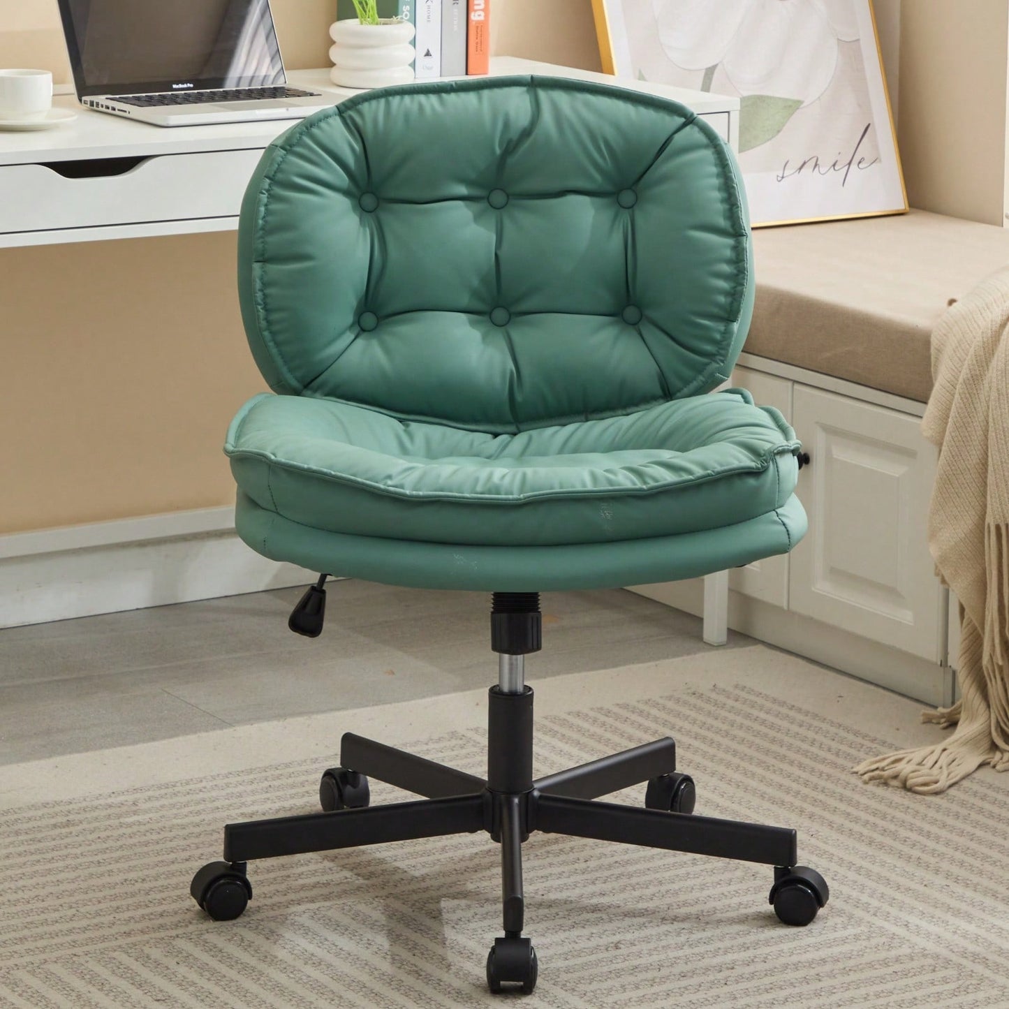 Ergonomic Cross Legged Office Chair with Wheels Adjustable Height Comfortable PU Leather Seat for Home and Office