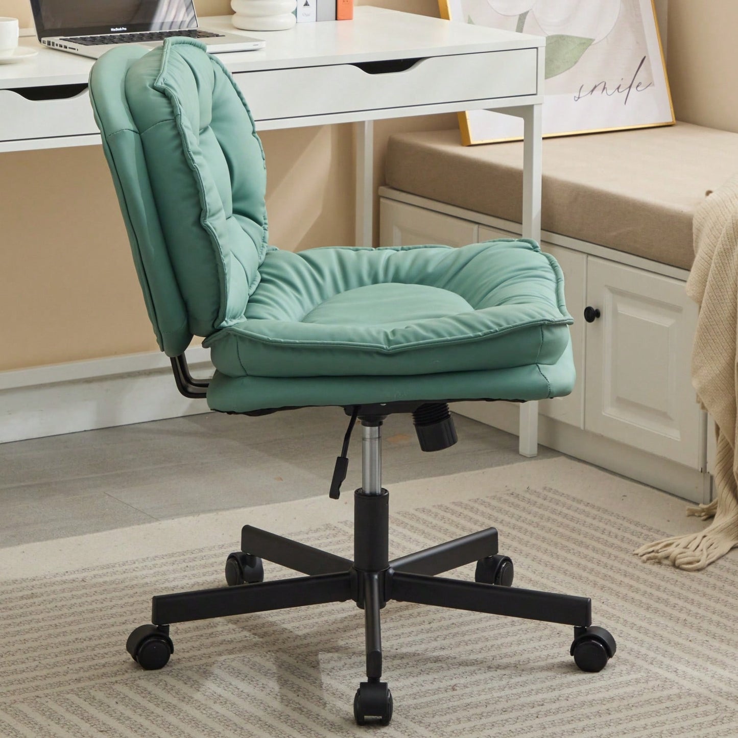 Ergonomic Cross Legged Office Chair with Wheels Adjustable Height Comfortable PU Leather Seat for Home and Office