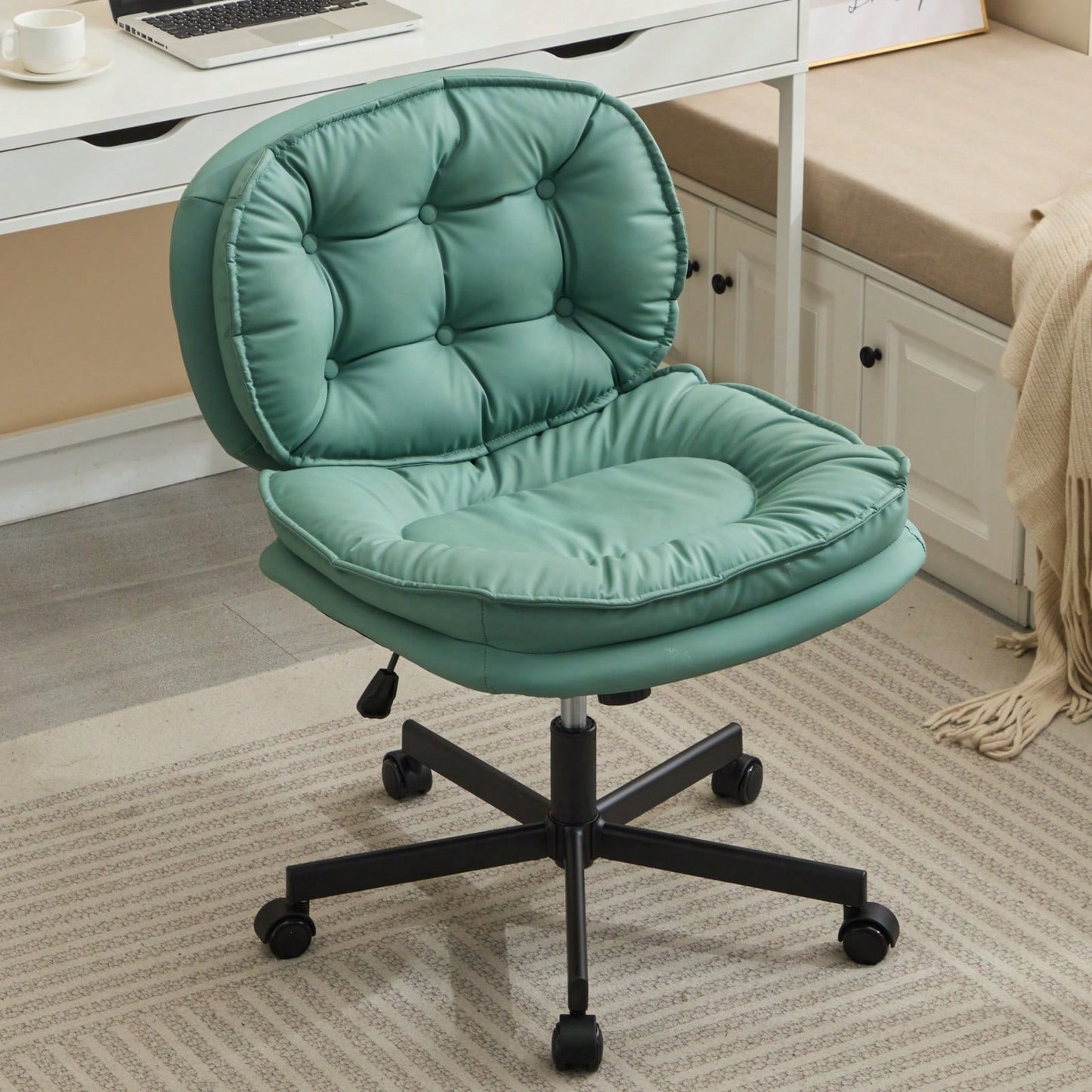 Ergonomic Cross Legged Office Chair with Wheels Adjustable Height Comfortable PU Leather Seat for Home and Office