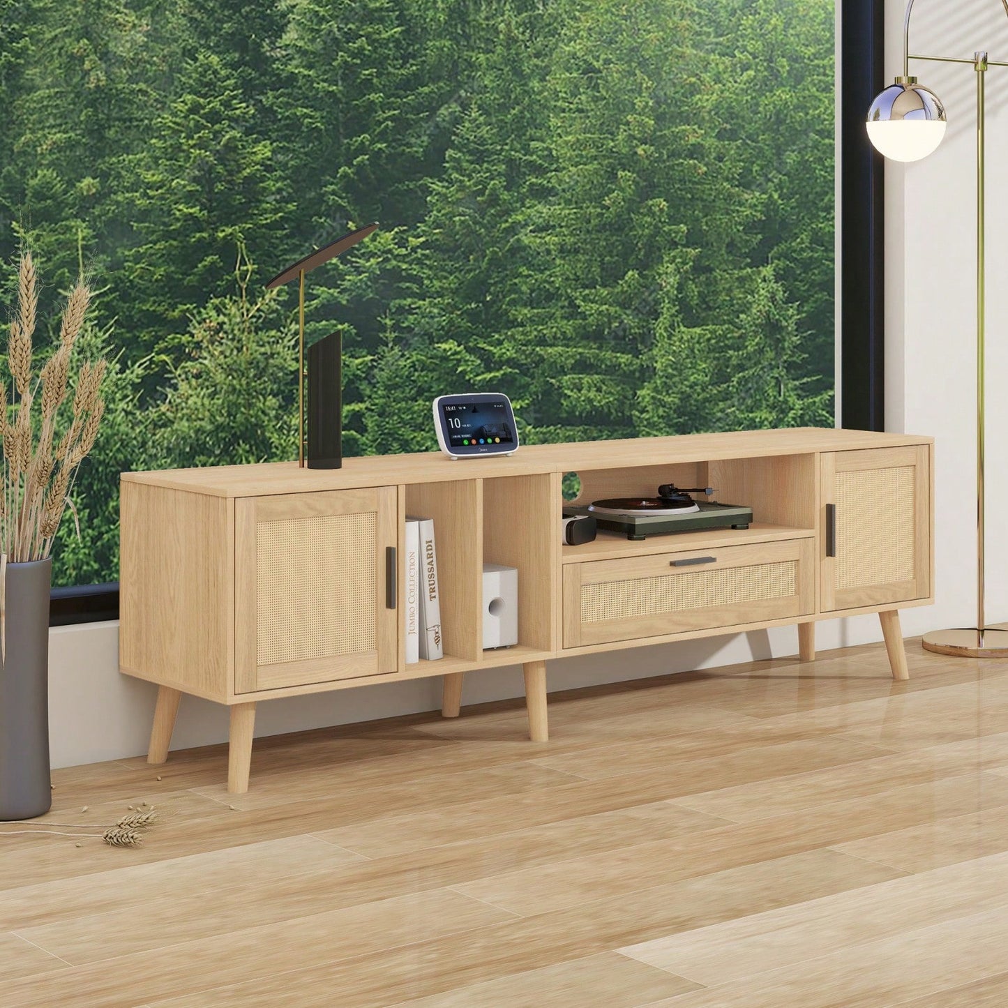 Spacious Rattan TV Stand for 80 Inch TVs with Storage Cabinets and Open Shelves - Stylish Media Console for Living Room and Home Theater