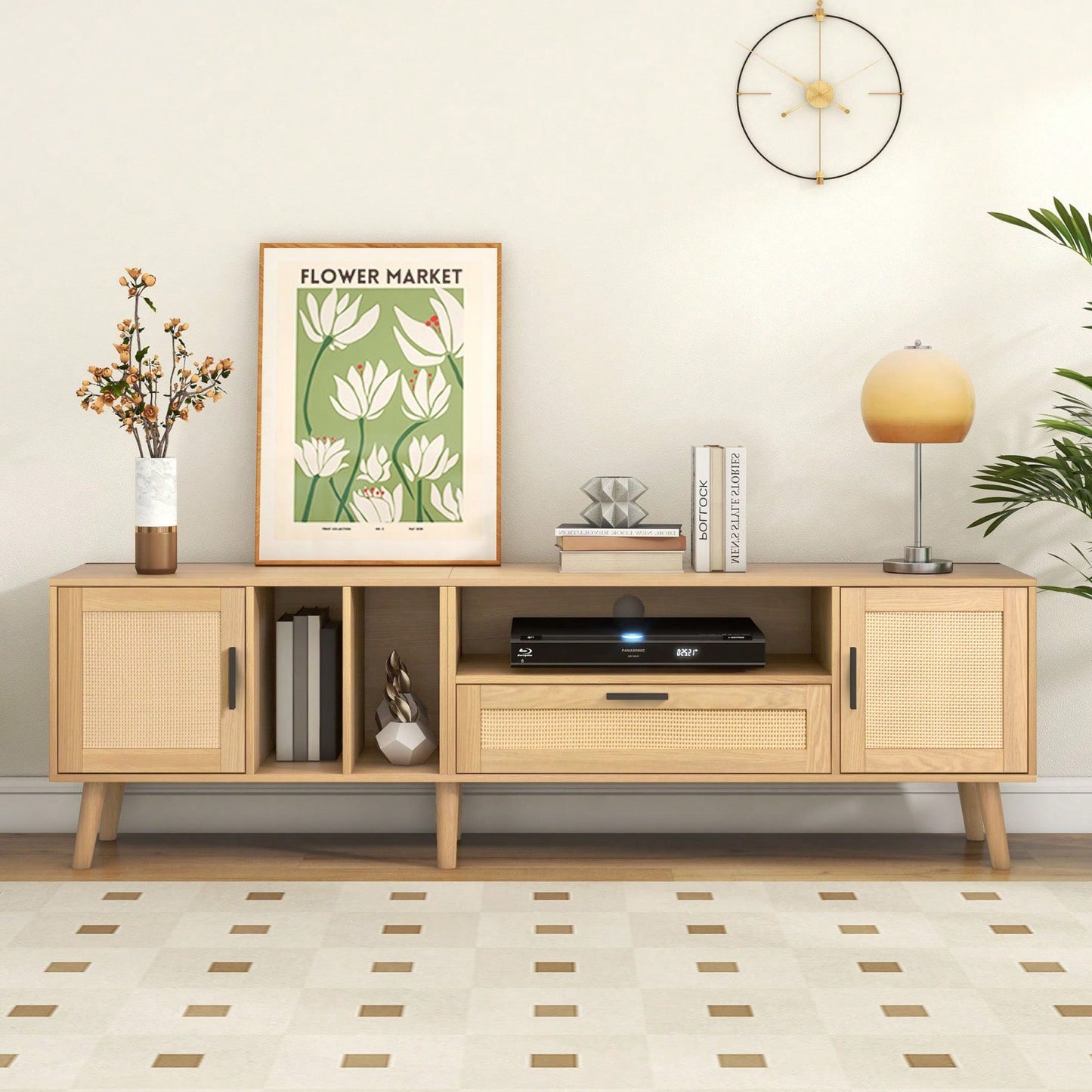 Spacious Rattan TV Stand for 80 Inch TVs with Storage Cabinets and Open Shelves - Stylish Media Console for Living Room and Home Theater