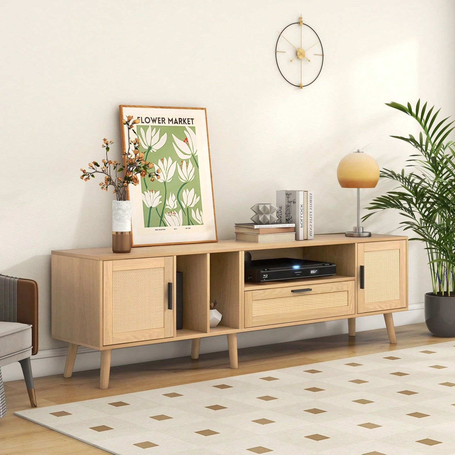 Spacious Rattan TV Stand for 80 Inch TVs with Storage Cabinets and Open Shelves - Stylish Media Console for Living Room and Home Theater