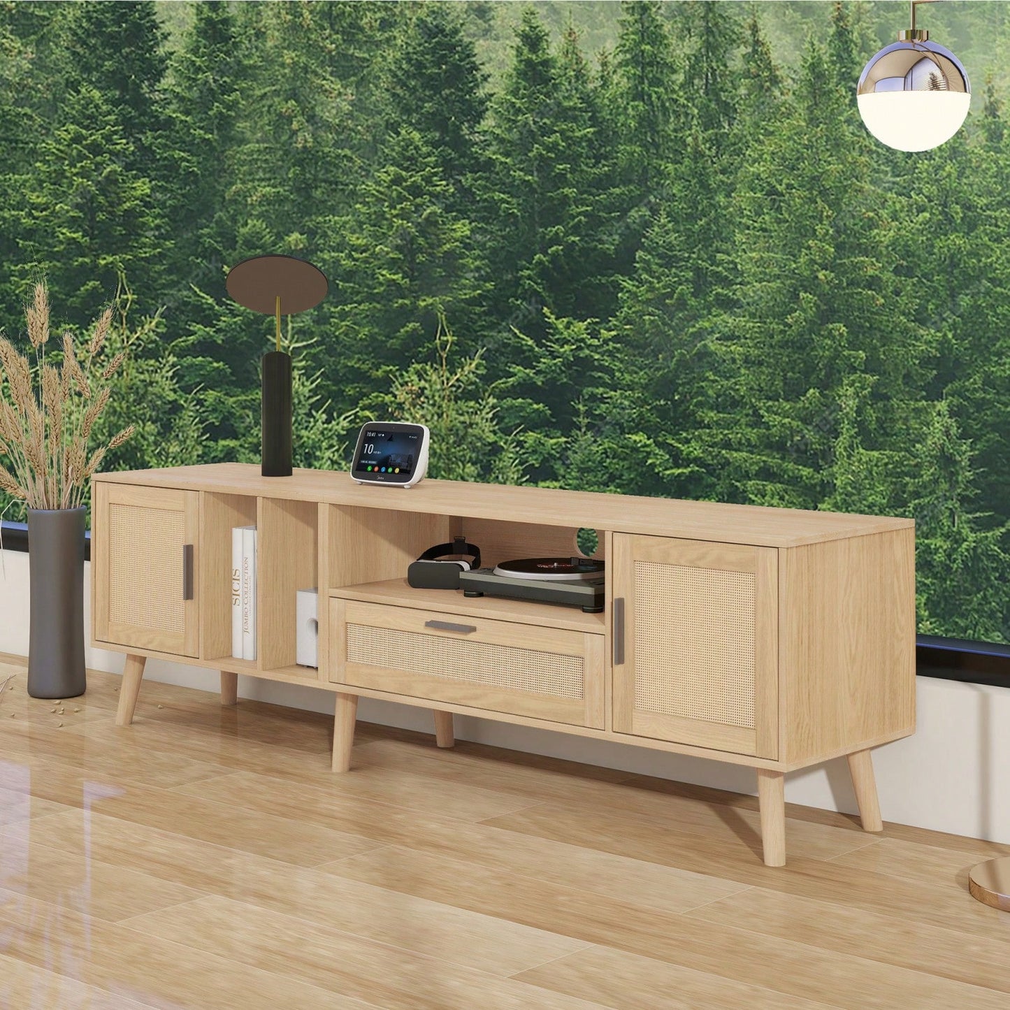 Spacious Rattan TV Stand for 80 Inch TVs with Storage Cabinets and Open Shelves - Stylish Media Console for Living Room and Home Theater