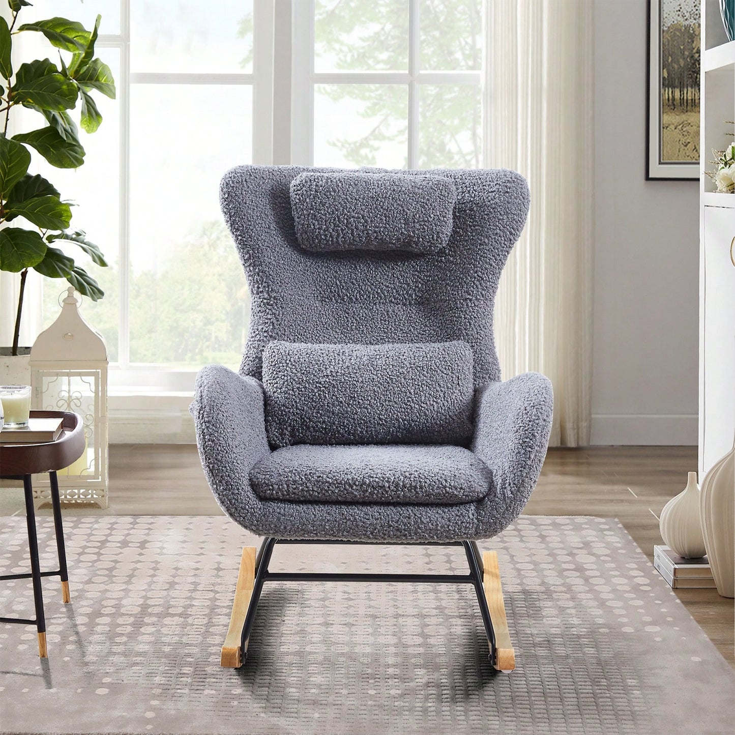 Ergonomic High Back Rocking Chair with Headrest Cushion Upholstered Cashmere Fabric Solid Wood Legs Modern Nursery Accent Chair