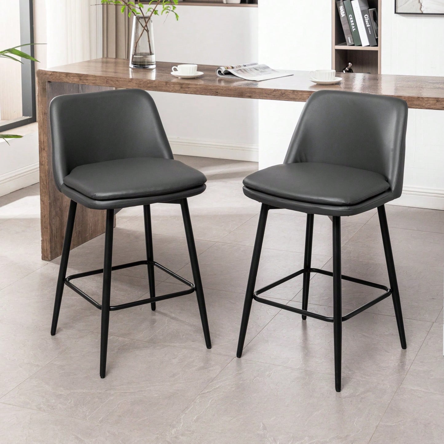 360° Swivel Counter Height Bar Stools Set of 2 with Back Faux Leather Upholstery and Metal Legs 25.6 Inch Seat Height for Kitchen Island Pub