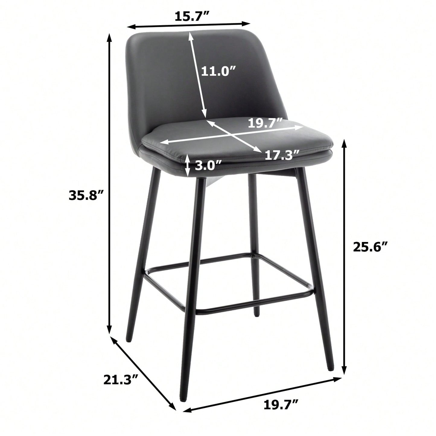360° Swivel Counter Height Bar Stools Set of 2 with Back Faux Leather Upholstery and Metal Legs 25.6 Inch Seat Height for Kitchen Island Pub