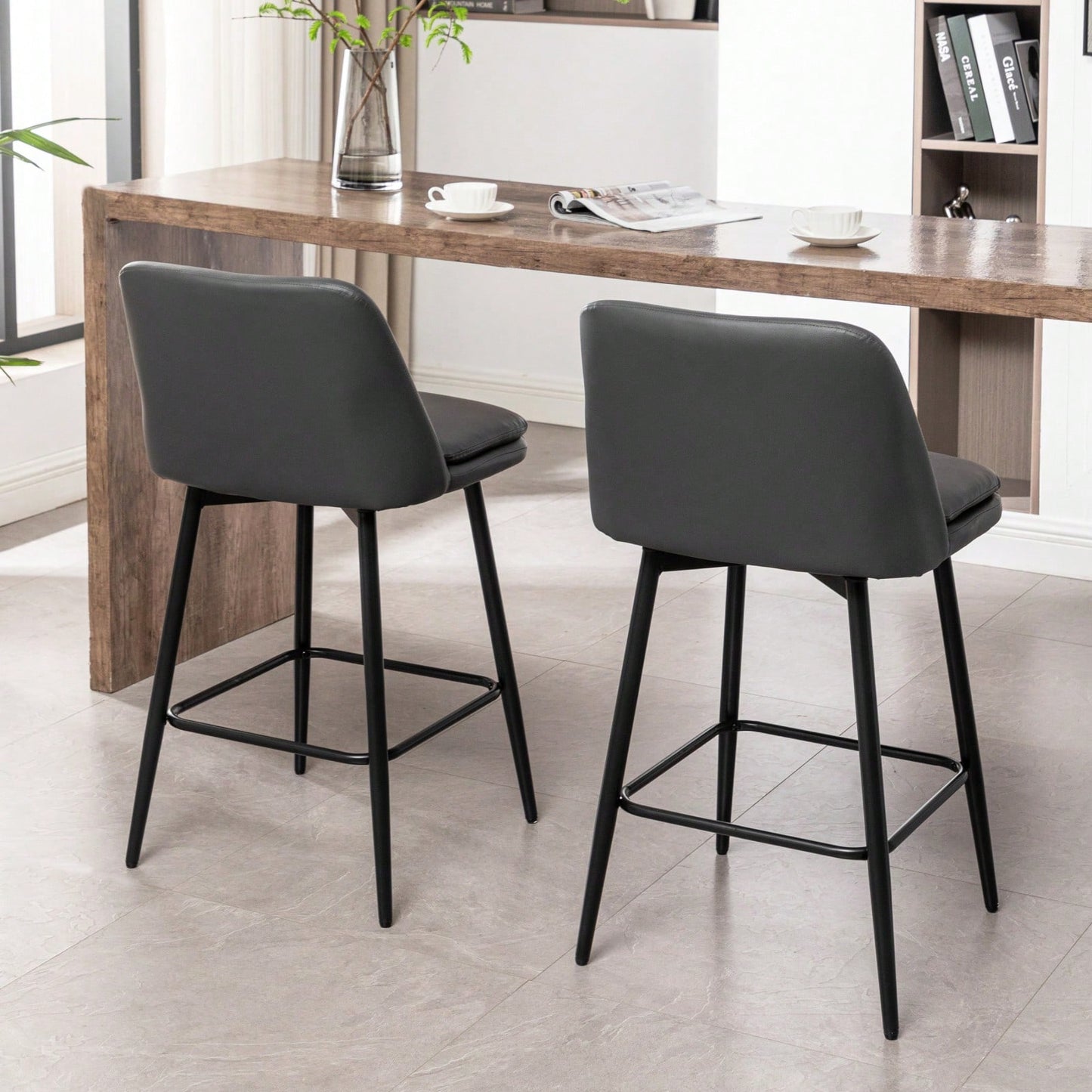 360° Swivel Counter Height Bar Stools Set of 2 with Back Faux Leather Upholstery and Metal Legs 25.6 Inch Seat Height for Kitchen Island Pub
