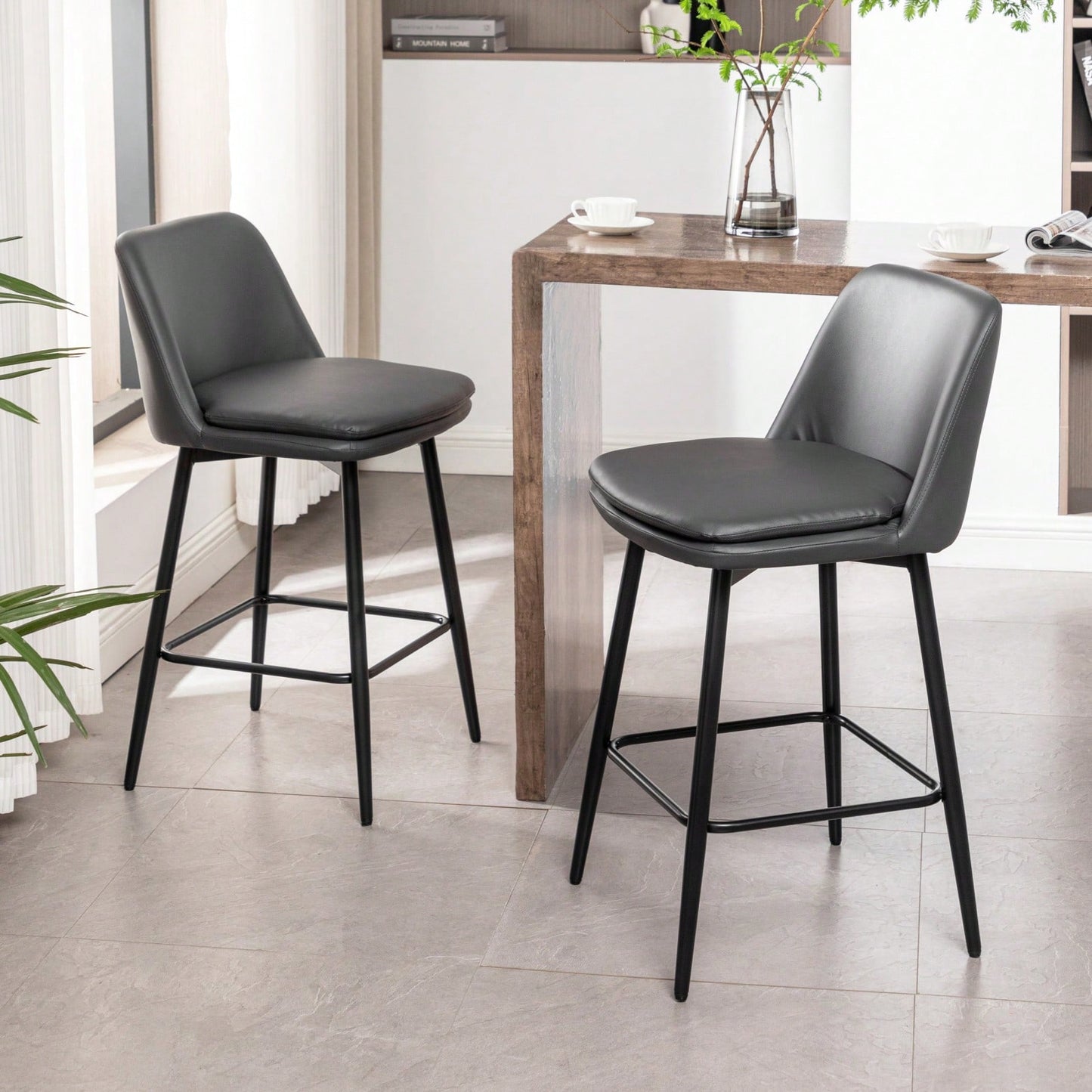 360° Swivel Counter Height Bar Stools Set of 2 with Back Faux Leather Upholstery and Metal Legs 25.6 Inch Seat Height for Kitchen Island Pub