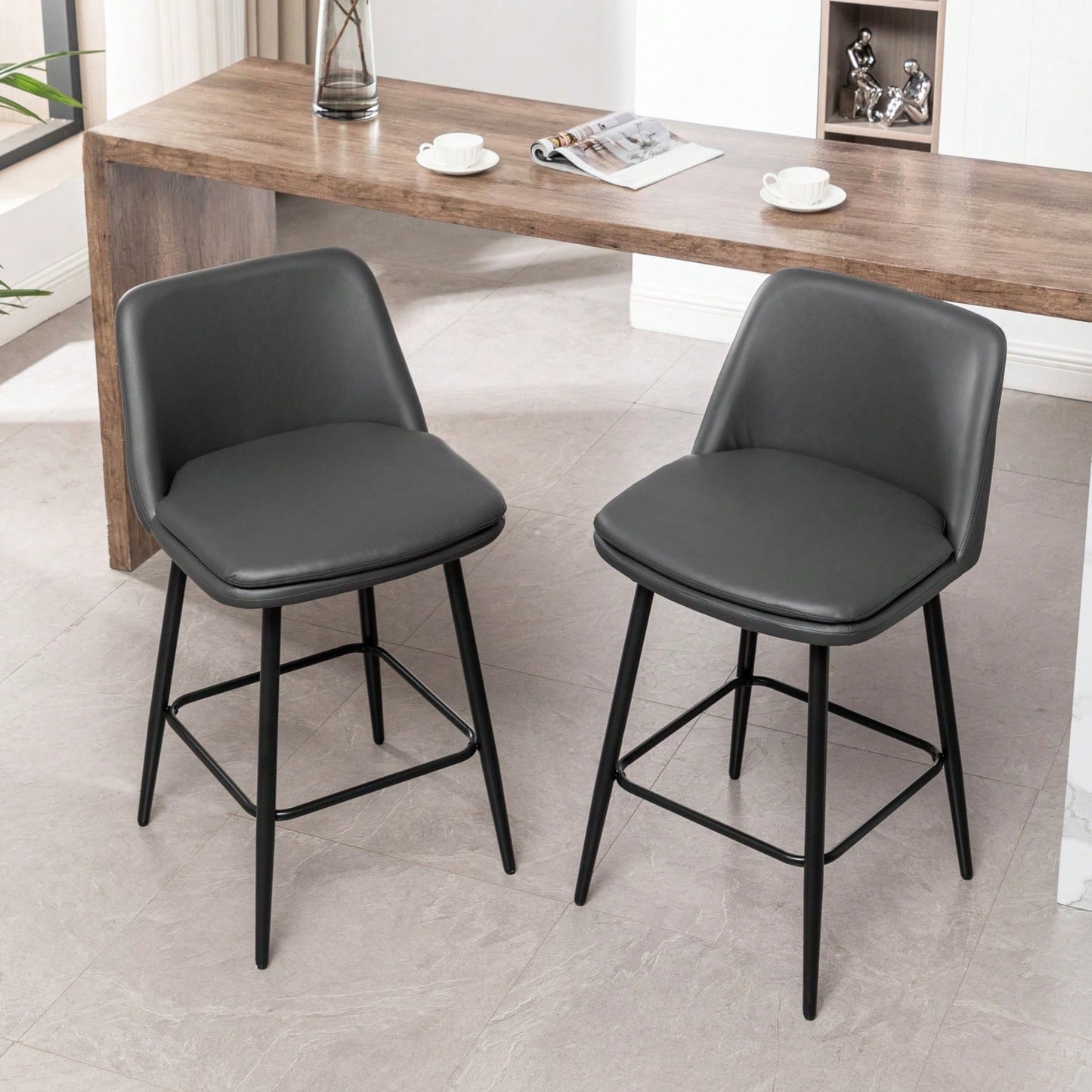 360° Swivel Counter Height Bar Stools Set of 2 with Back Faux Leather Upholstery and Metal Legs 25.6 Inch Seat Height for Kitchen Island Pub