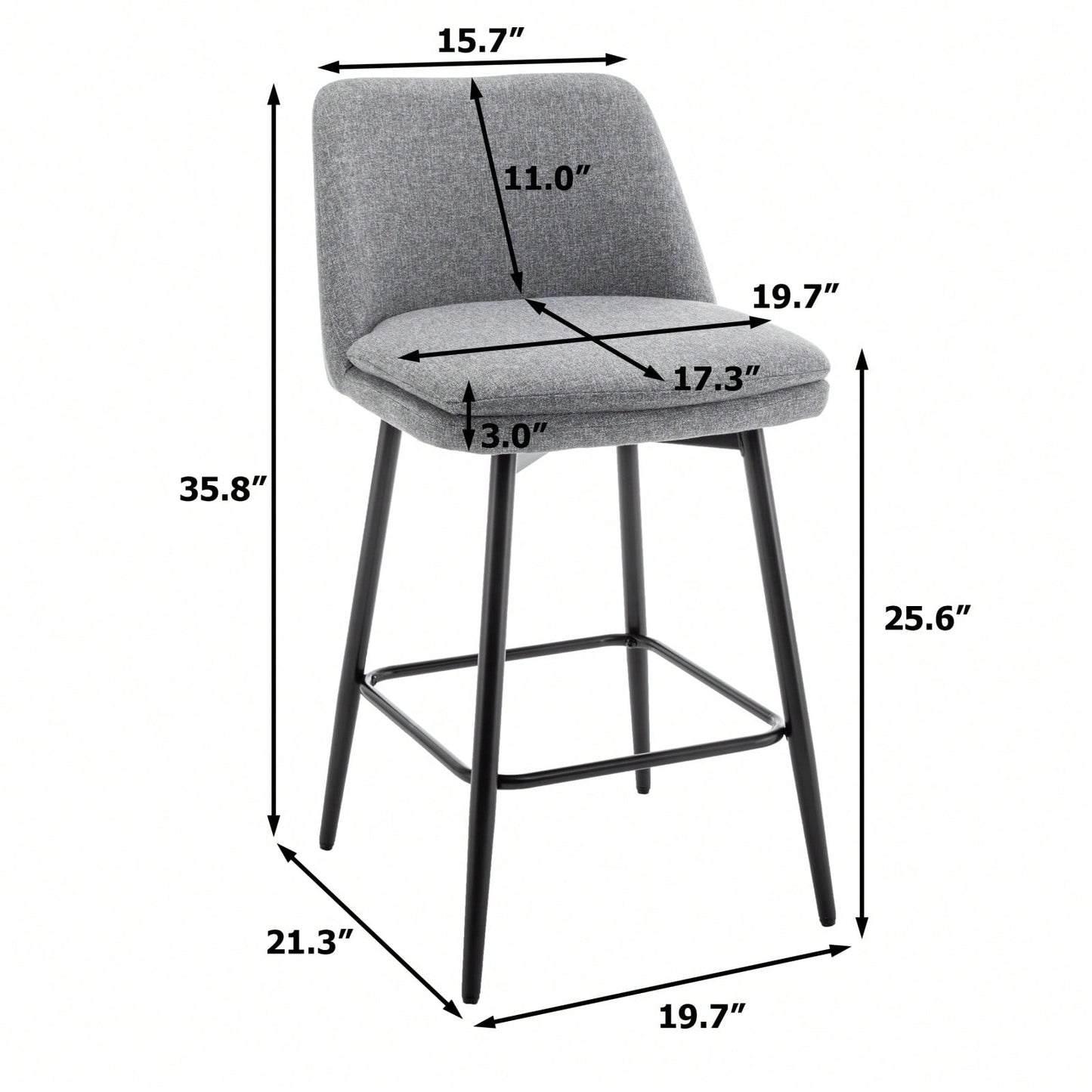 360° Swivel Counter Height Bar Stools Set of 2 with Back Faux Leather Upholstery and Metal Legs 25.6 Inch Seat Height for Kitchen Island Pub