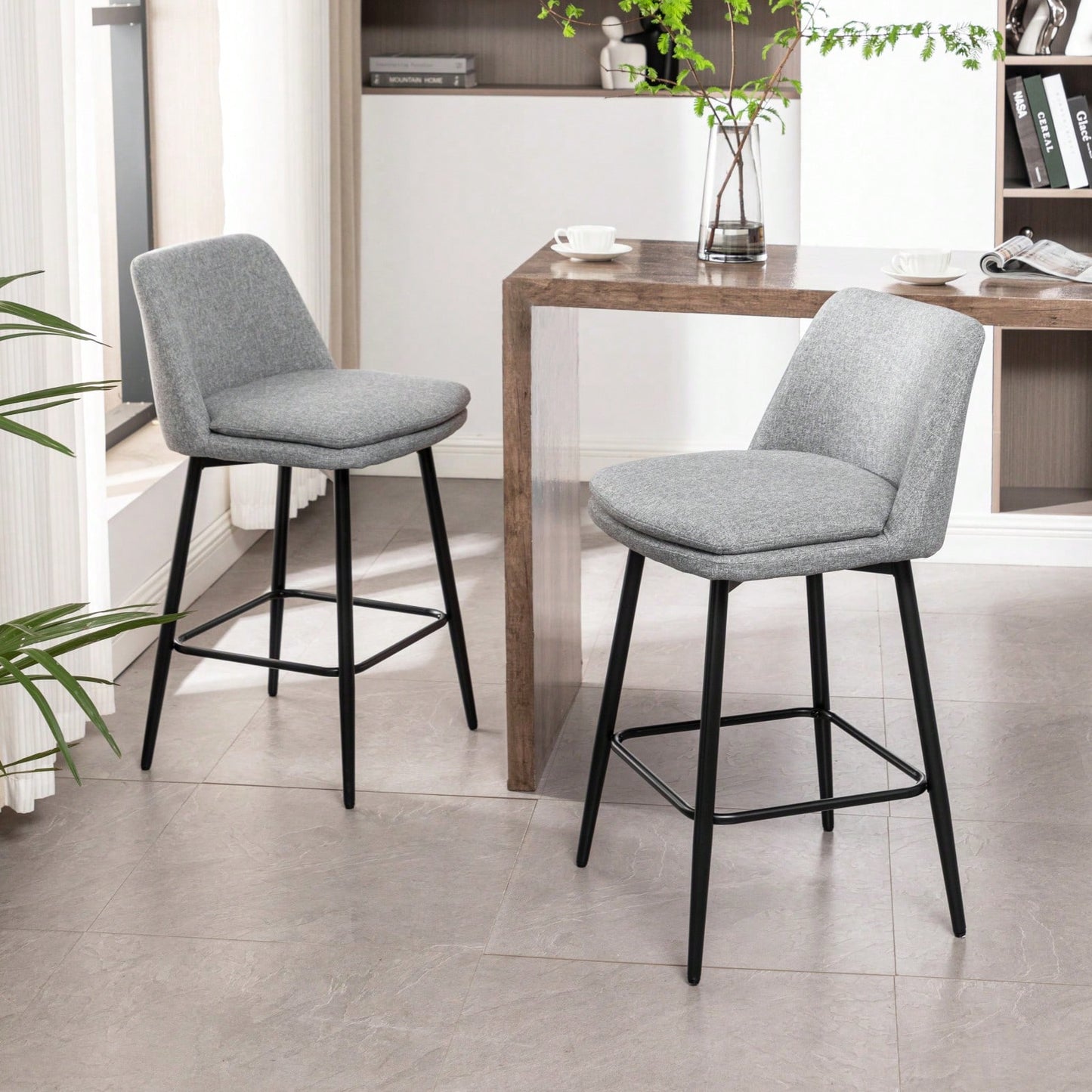 360° Swivel Counter Height Bar Stools Set of 2 with Back Faux Leather Upholstery and Metal Legs 25.6 Inch Seat Height for Kitchen Island Pub