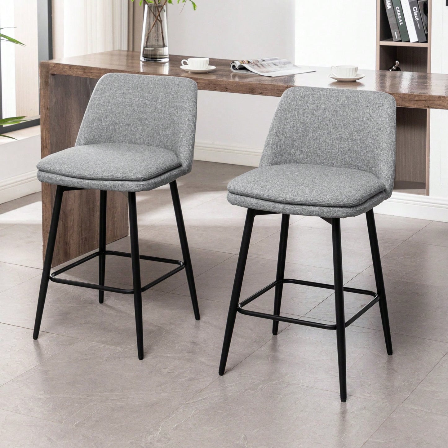360° Swivel Counter Height Bar Stools Set of 2 with Back Faux Leather Upholstery and Metal Legs 25.6 Inch Seat Height for Kitchen Island Pub