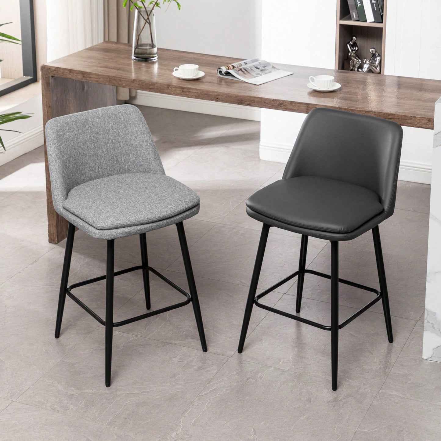 360° Swivel Counter Height Bar Stools Set of 2 with Back Faux Leather Upholstery and Metal Legs 25.6 Inch Seat Height for Kitchen Island Pub