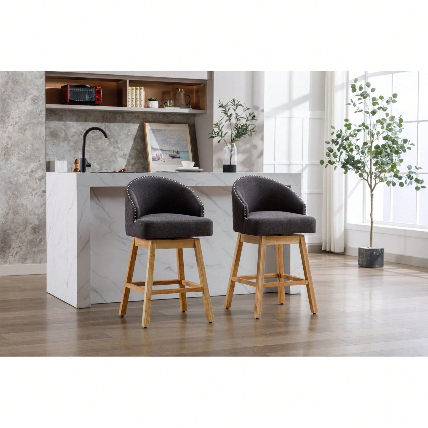 Bar Stools Set Of 2 Counter Height Chairs With Footrest For Kitchen, Dining Room And 360 Degree Swivel