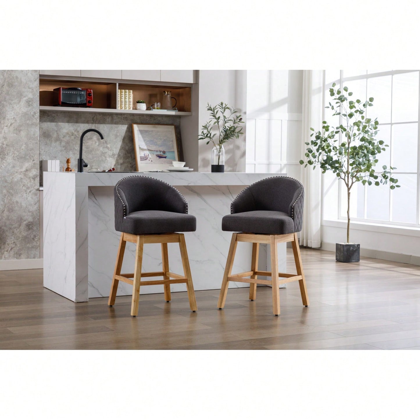 Bar Stools Set Of 2 Counter Height Chairs With Footrest For Kitchen, Dining Room And 360 Degree Swivel