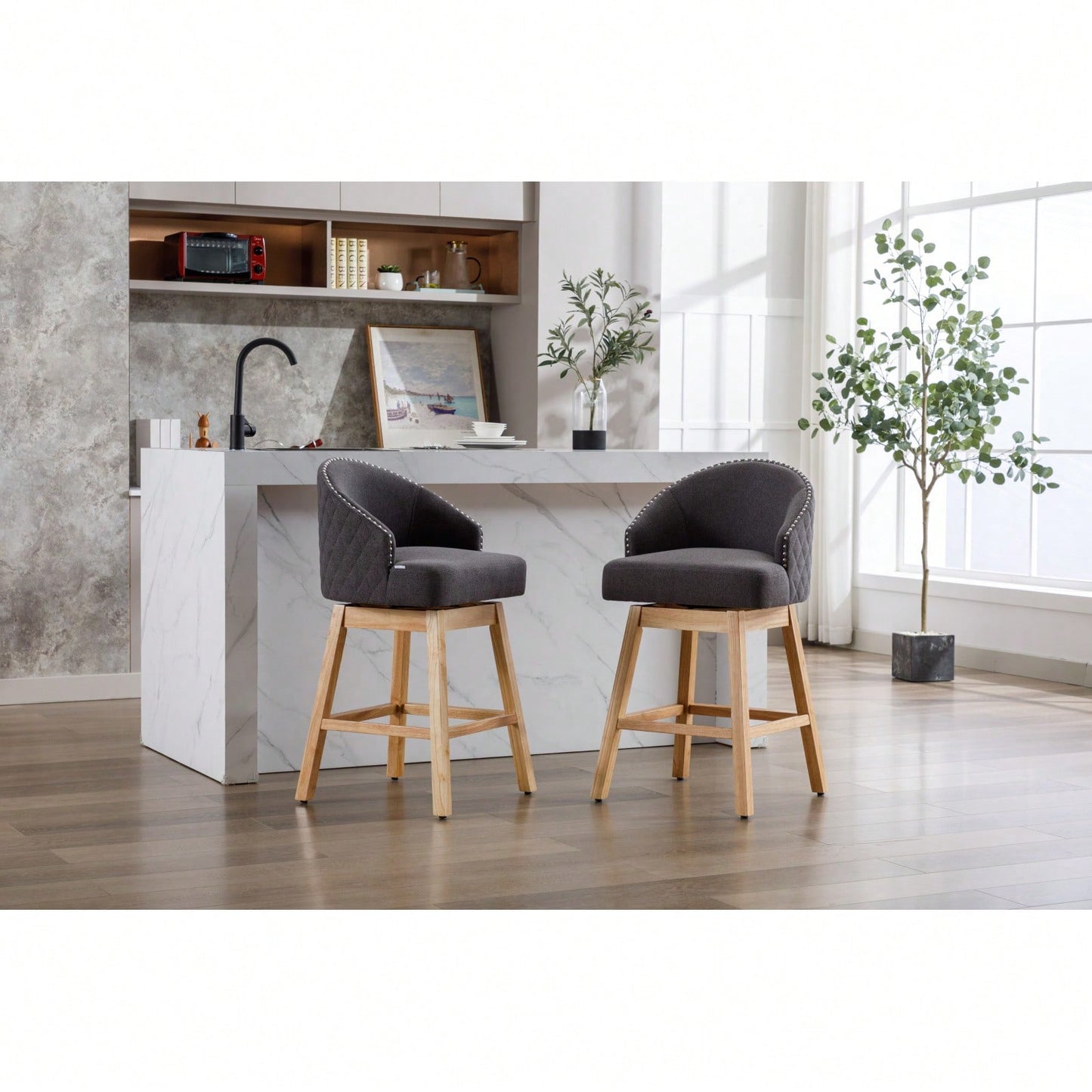 Bar Stools Set Of 2 Counter Height Chairs With Footrest For Kitchen, Dining Room And 360 Degree Swivel